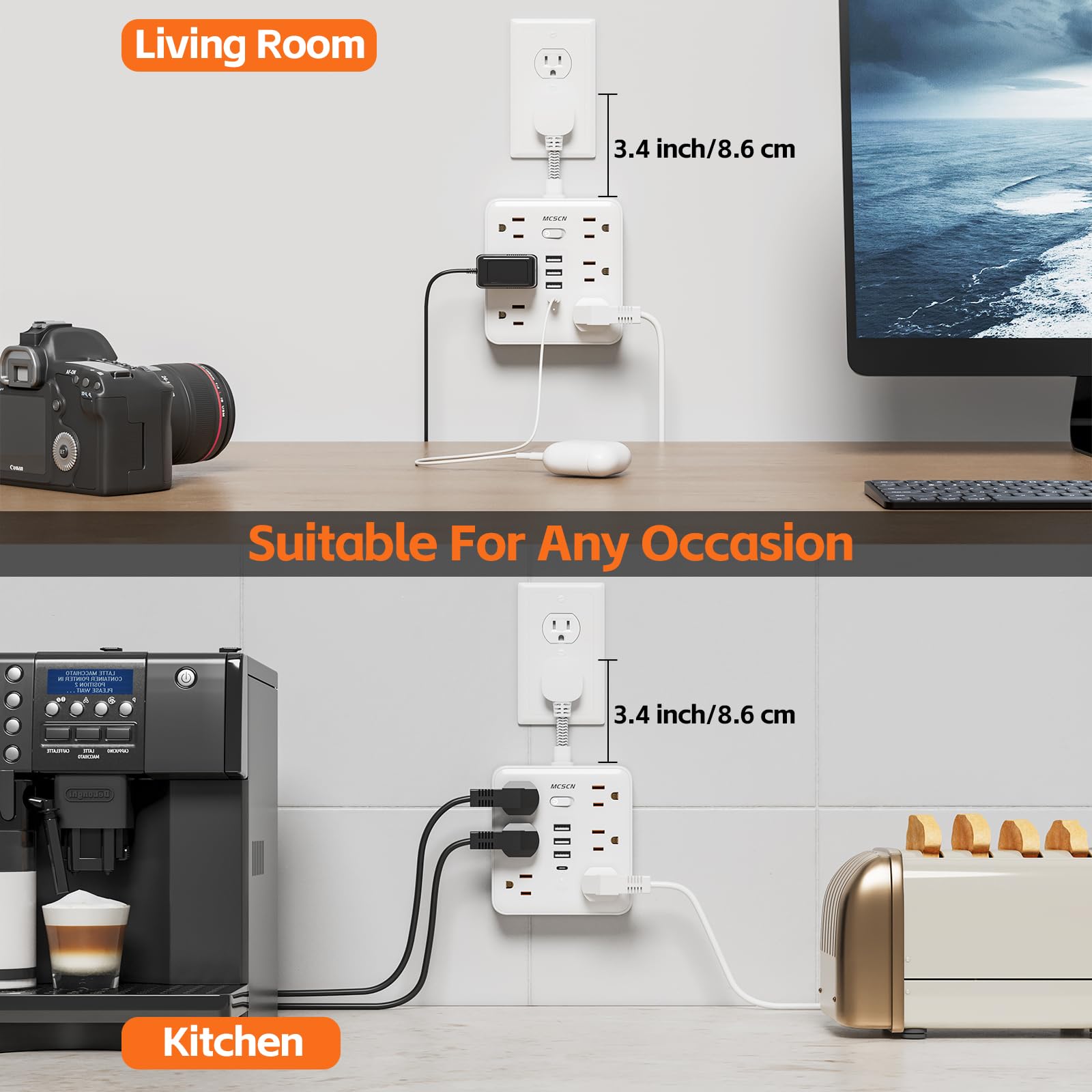 10-in-1 Slim Power Strip with Flat Plug – Surge Protector with 6 AC Outlets & USB-C (White)