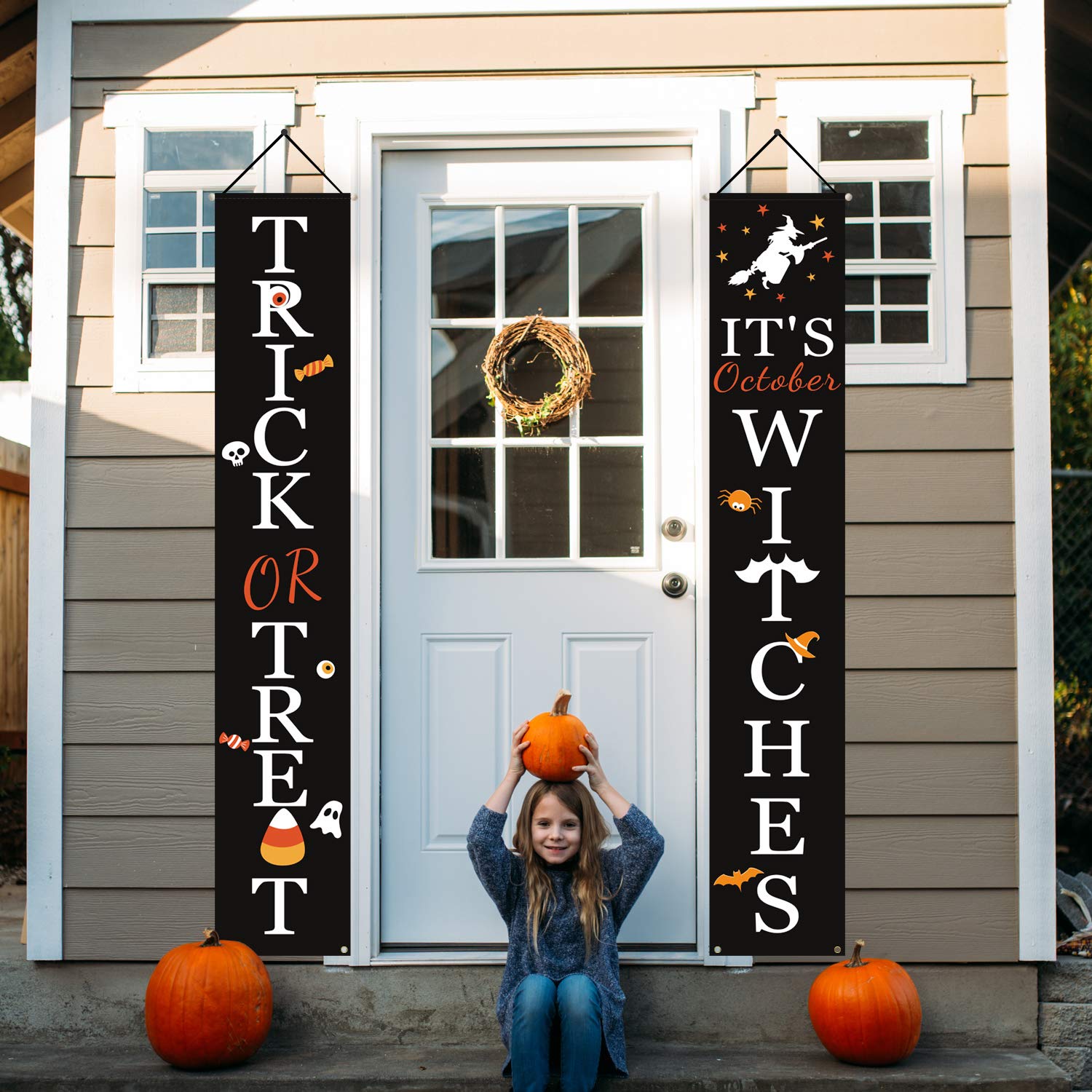 Halloween Porch Banners – Trick or Treat & It’s October Witches Hanging Signs for Front Door & Outdoor Decor