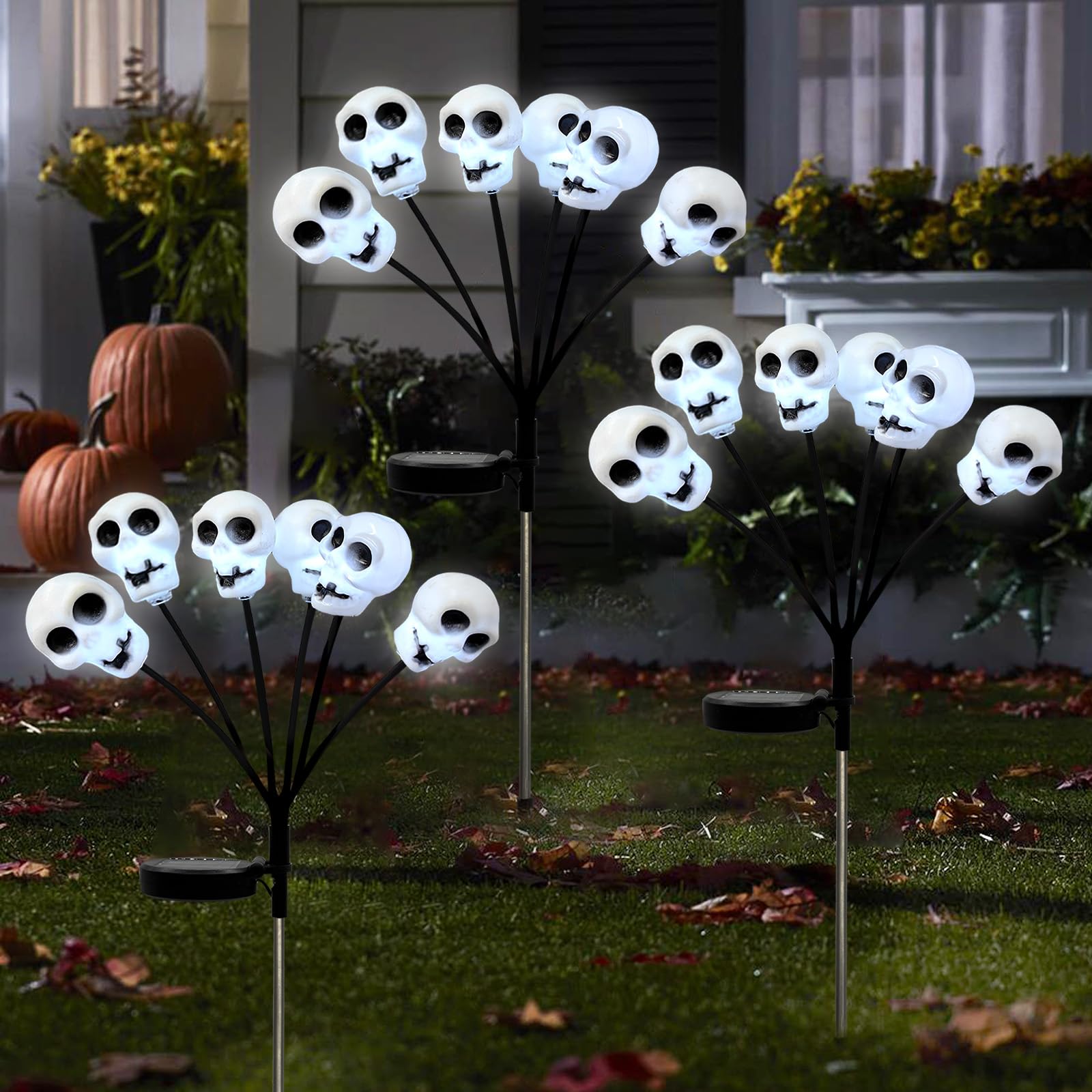 Solar Skull Pathway Lights – Cool White LED Halloween Yard Decorations with Twinkle & Steady Modes (4-Pack, SP-25)