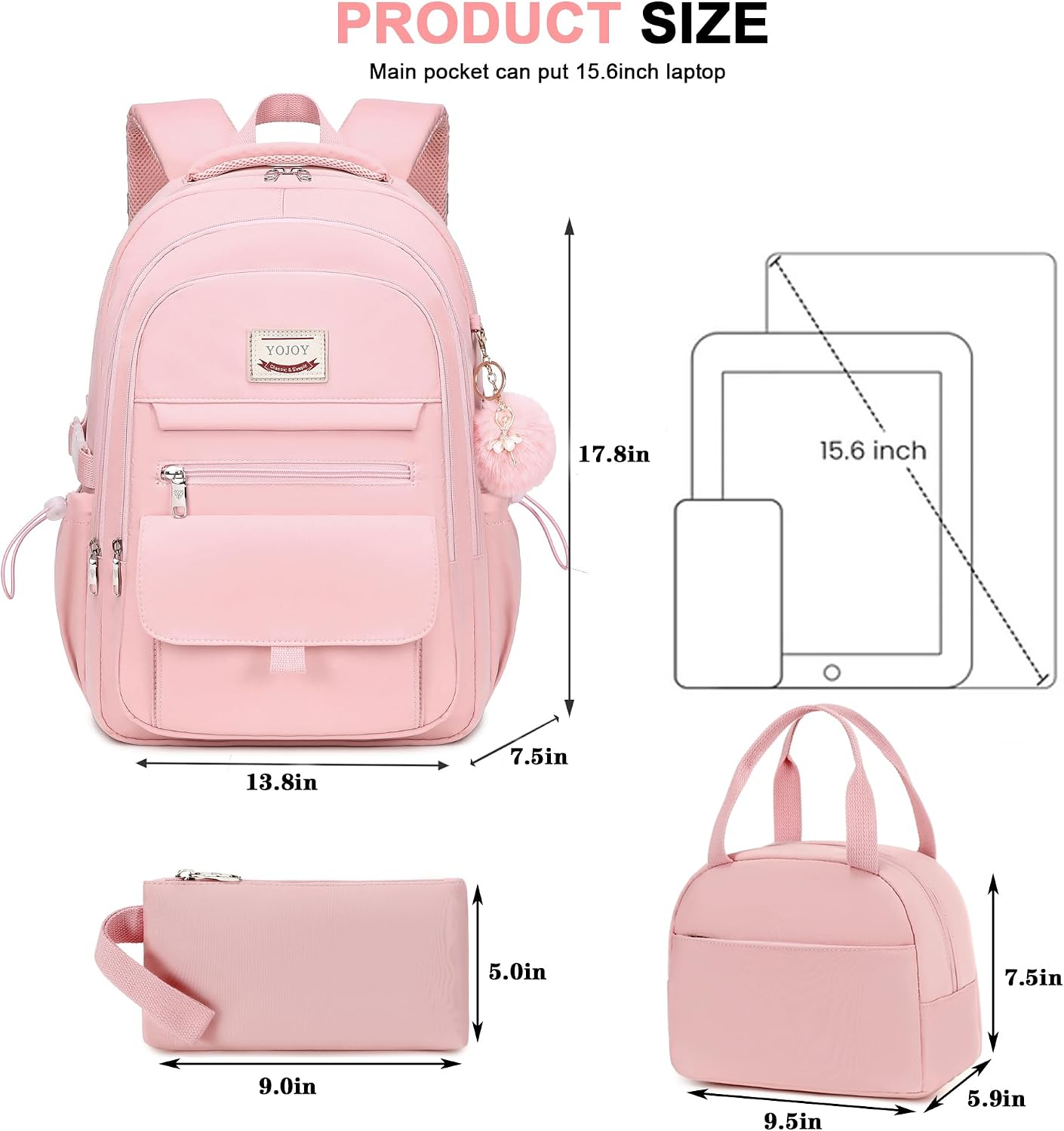 Pink 3-Piece School Backpack Set with Laptop Sleeve