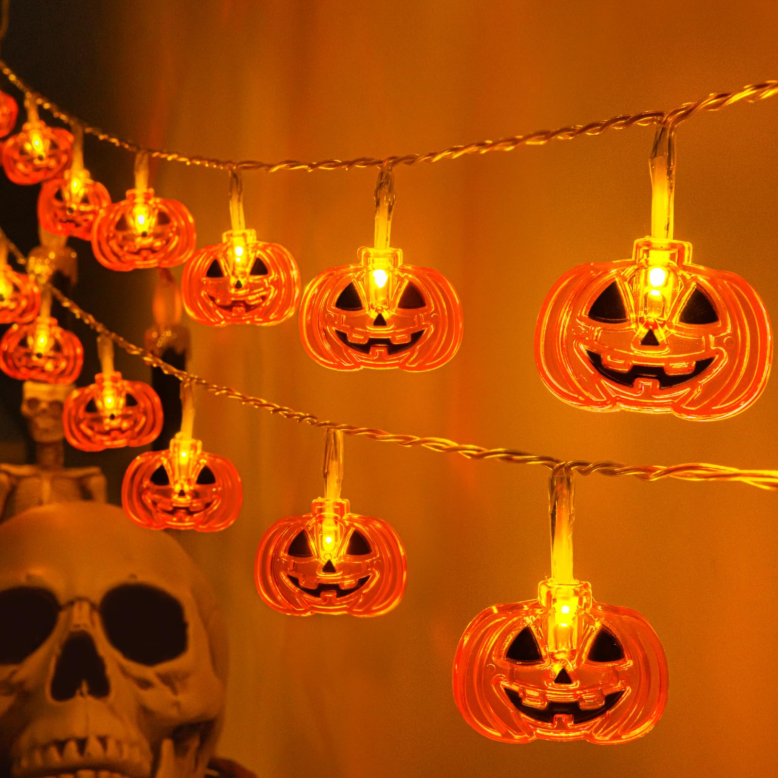 10FT Battery-Powered Pumpkin Halloween String Lights – 20 LED Jack-O’-Lanterns with 8 Modes & Timer (IP65 Waterproof, Indoor/Outdoor)