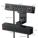 13-Outlet Desk Clamp Power Strip with USB-C Fast Charging & Surge Protection – Dual Layer Mount Charging Station Black