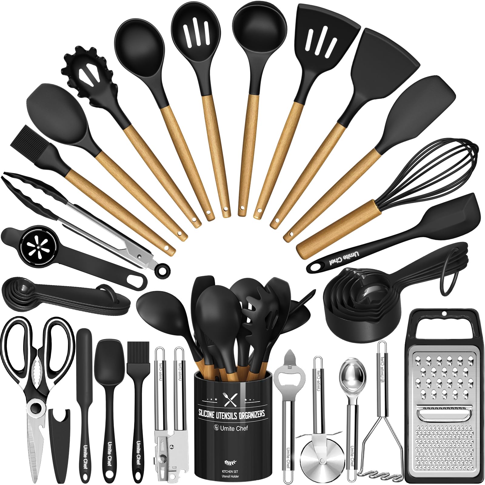 34-Piece Silicone Kitchen Utensil Set with Holder – BPA-Free, Stainless Steel Core (Black)