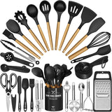 34-Piece Silicone Kitchen Utensil Set with Holder – BPA-Free, Stainless Steel Core (Black)