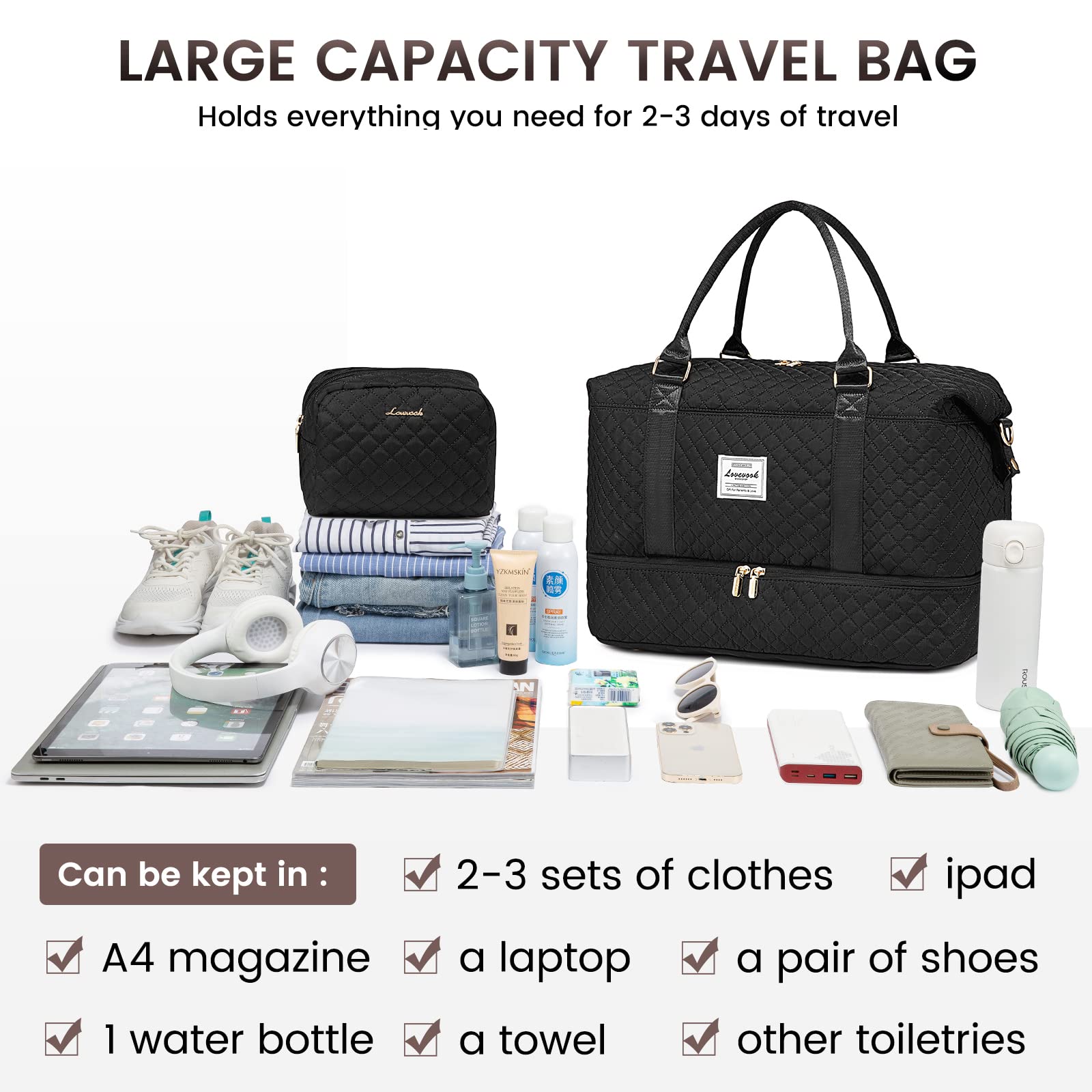 LOVEVOOK Women’s Travel Duffle Bag – Carry-On Weekender with Shoe Compartment, Wet Pocket & Toiletry Bag (Black)