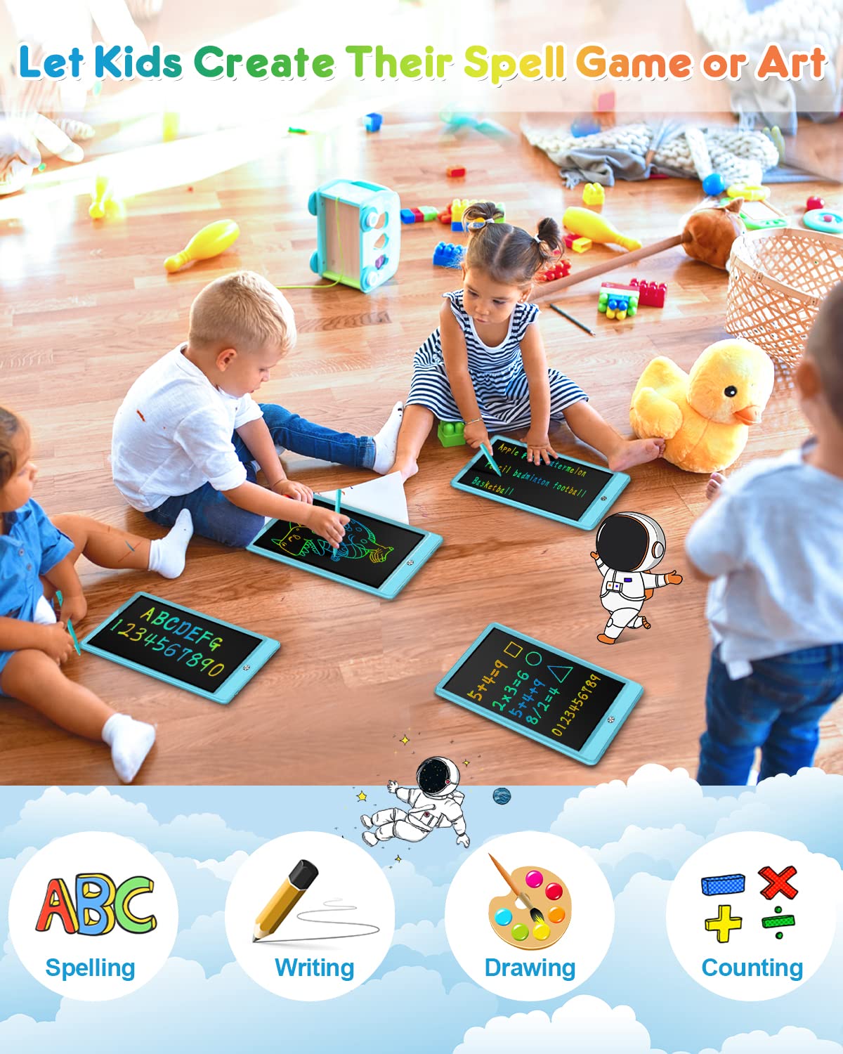 10” Kids LCD Writing Tablet – Eye-Safe Reusable Doodle Board (Delightful Dolphin Blue)