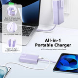 Miady 10000mAh Portable Charger PD 30W with Built-in USB-C Cable & Foldable Wall Plug, Compact Fast Charging Power Bank for iPhone & Android – Purple