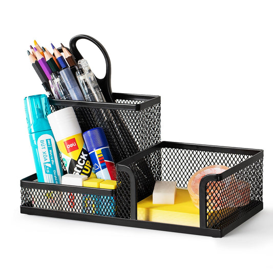 Deli Mesh Desk Organizer 3-Compartment Metal Office Supplies Holder with Non-Slip Base Desktop Storage Caddy – Black