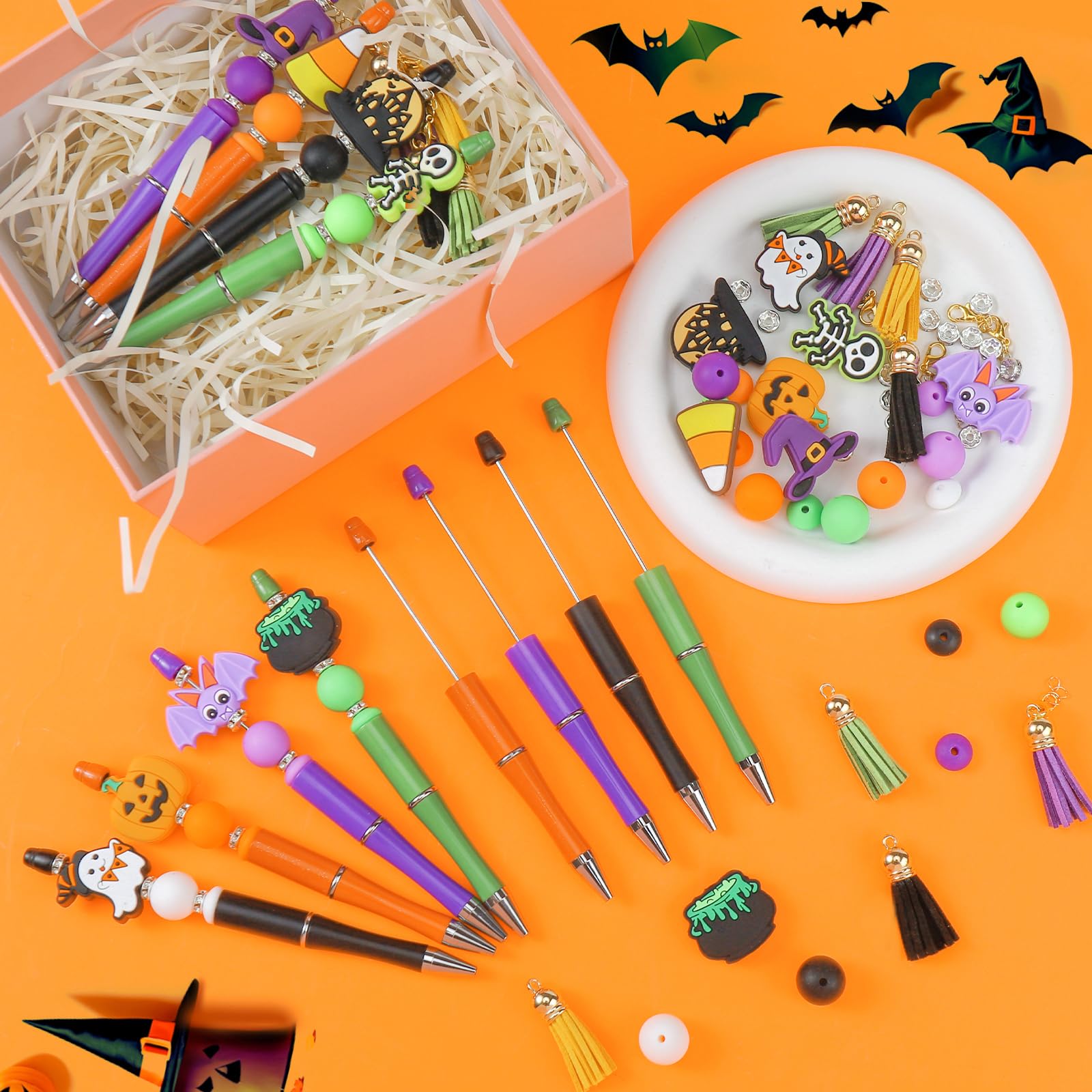 Halloween Beadable Pens Set 🎃 – 8 DIY Ballpoint Pens with Pumpkin, Ghost & Witch Beads (Green, Black, Purple, Orange)