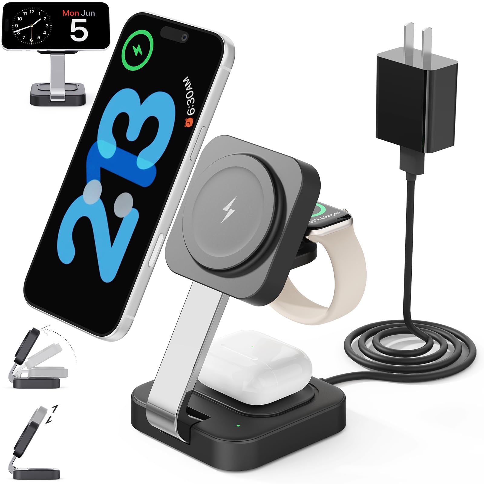 3-in-1 Foldable Magnetic Wireless Charging Station – Fast MagSafe Charger Stand for iPhone, Apple Watch & AirPods Portable Charging Dock
