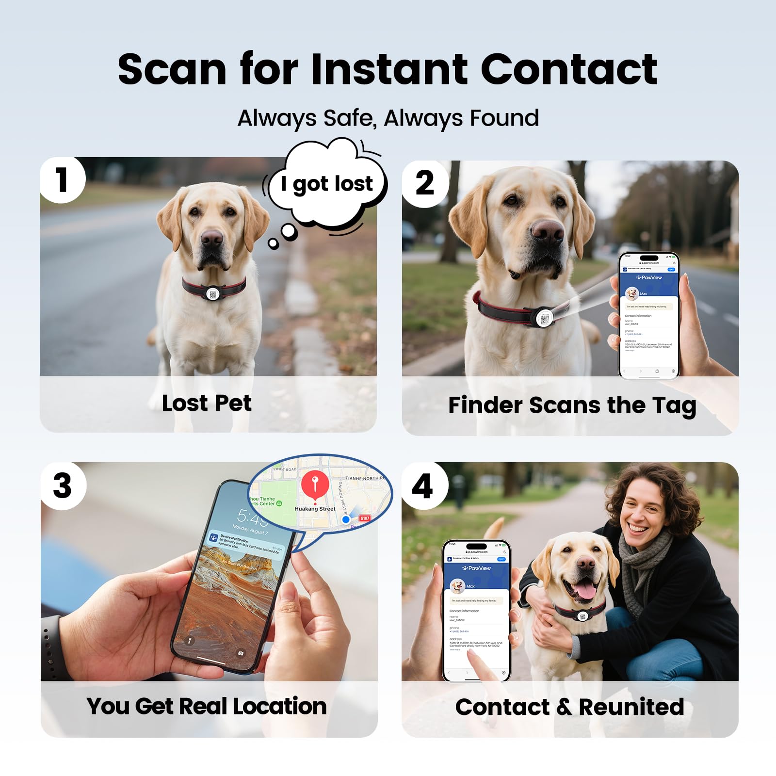 Smart Cat & Dog GPS Tracker with QR Emergency ID Tag, No Monthly Fee, Real-Time Find My Tracking, Lightweight Waterproof Collar Locator for Pets