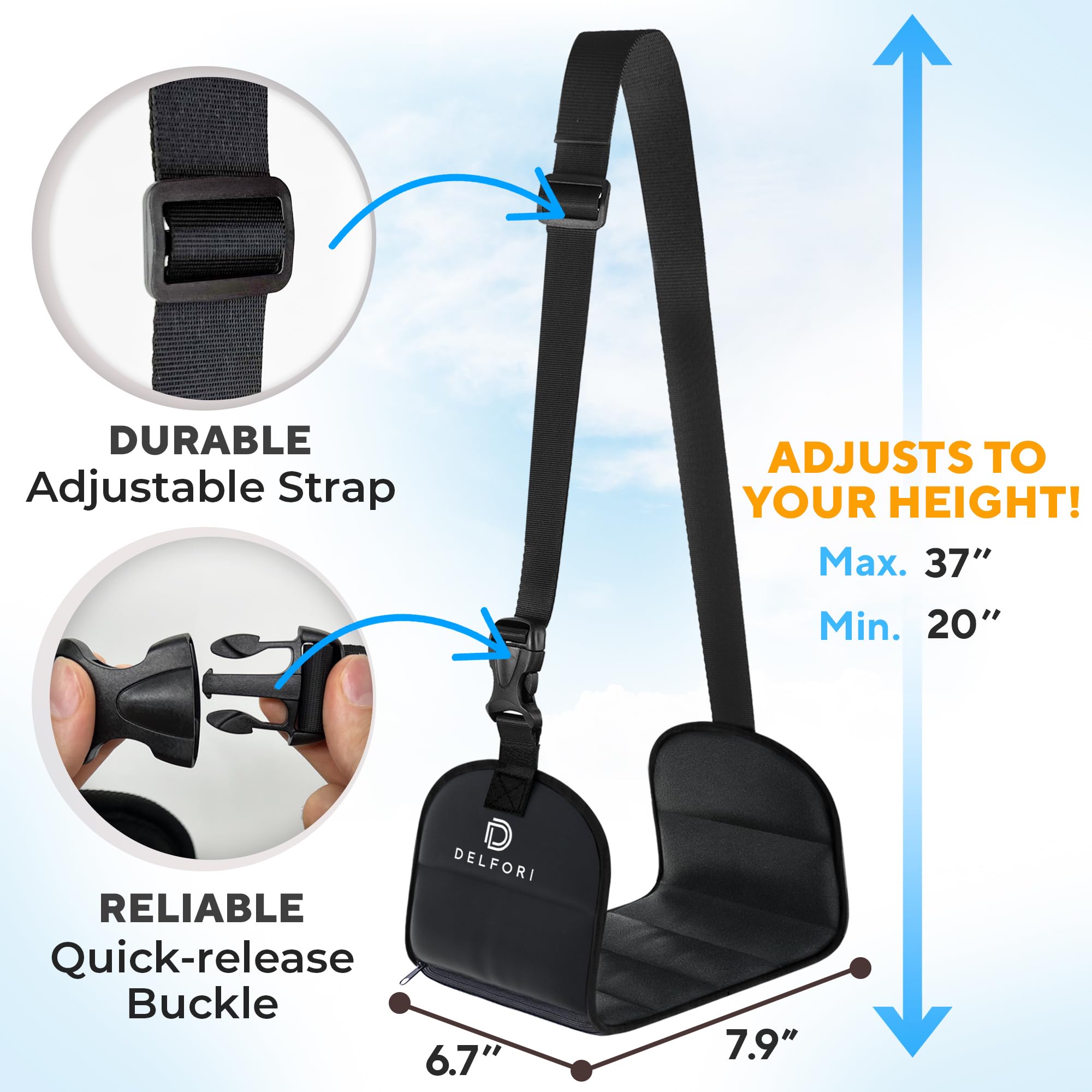 Memory Foam Airplane Foot Rest Hammock – Adjustable Travel Foot Sling with Carry Case for Long Flights & Travel Comfort (Black)