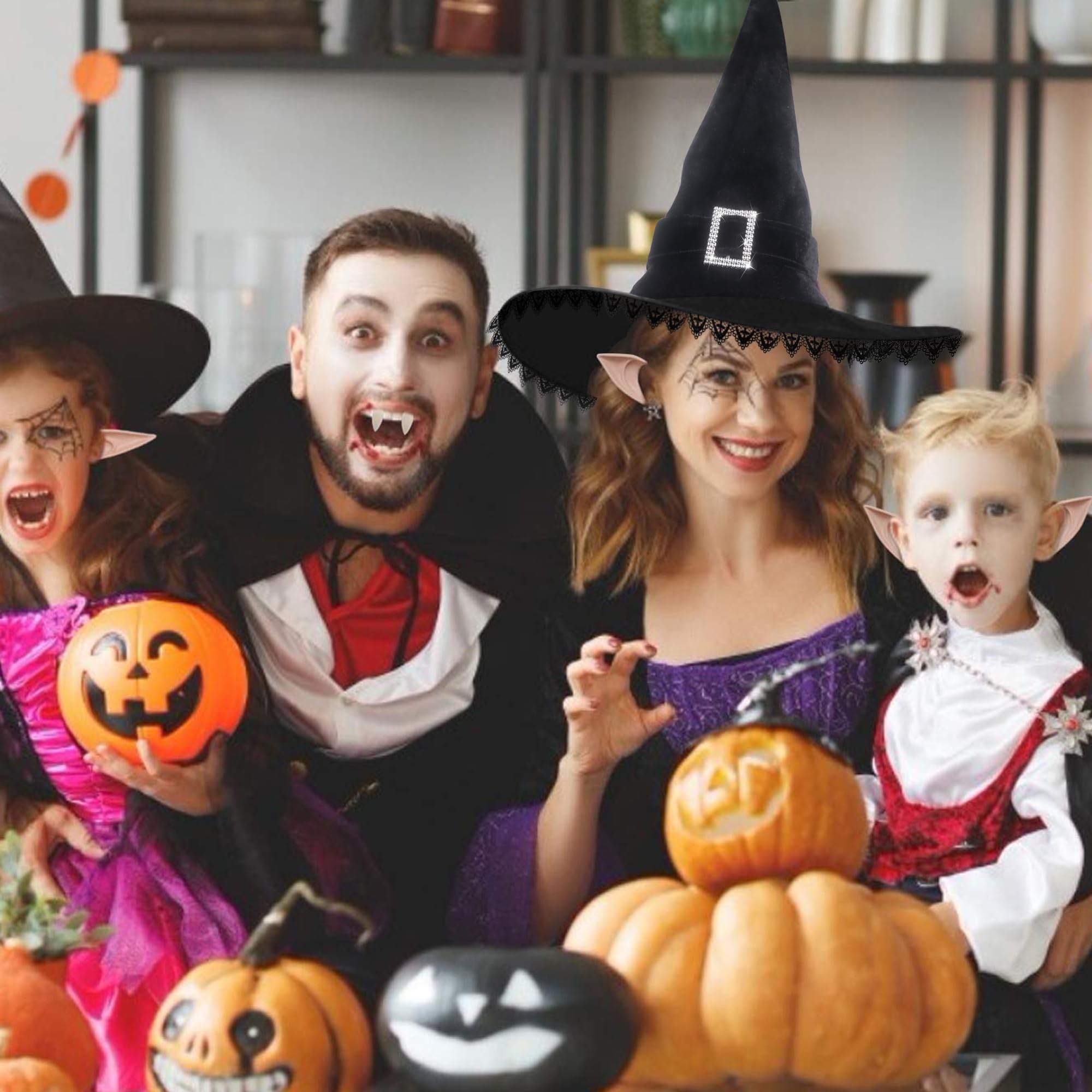 Black Lace Witch Hat with Fringe & Sparkling Buckle – Halloween Costume Accessory & Decoration