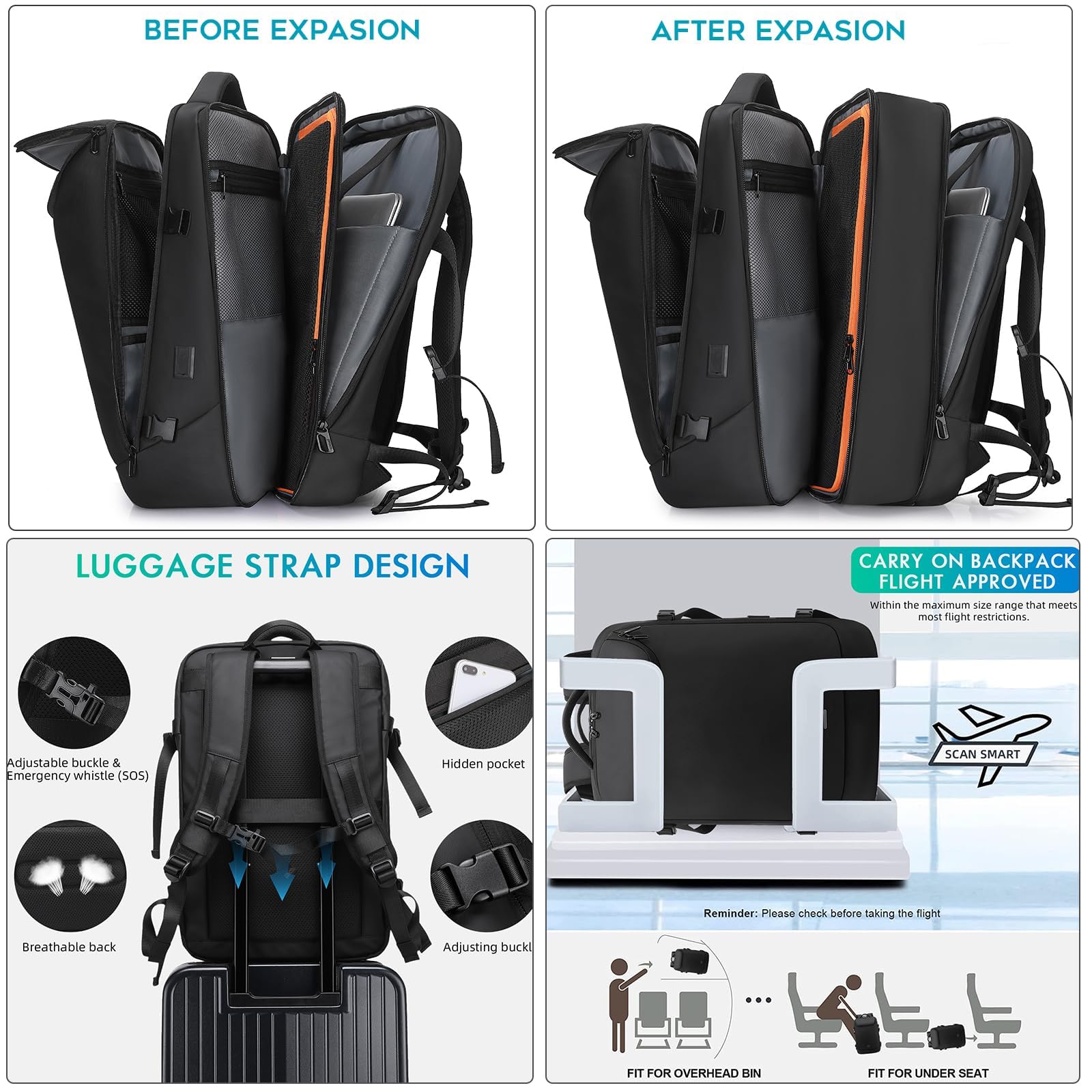 Expandable Travel Backpack 36L–50L – Carry On Laptop Backpack with USB Charging Port for Business Trips & 5-7 Day Travel