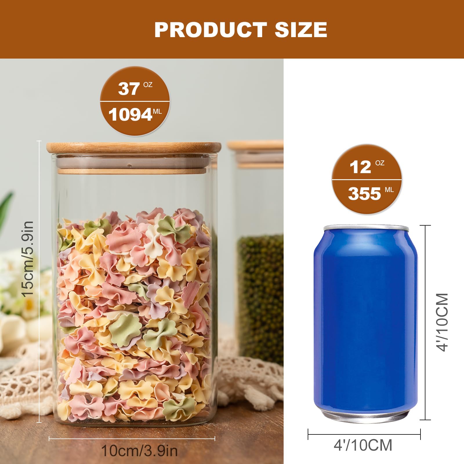 Square Glass Food Storage Jars – 6-Piece 37oz Airtight Kitchen Storage Container Set