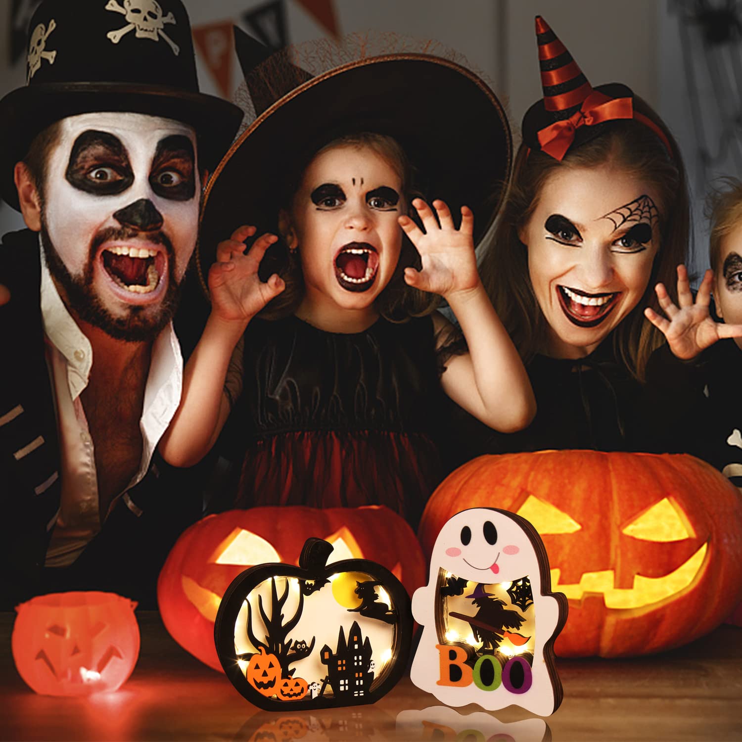 BOO Halloween Light-Up Wooden Signs – 2-Pack Multicolor Tabletop Décor with Pumpkins, Ghosts & LED Lights