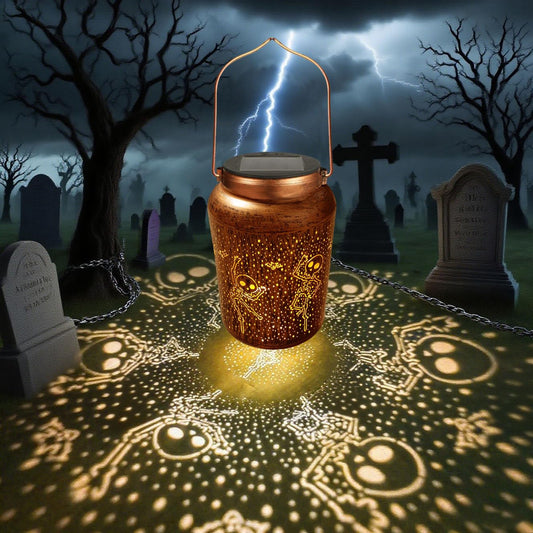 Solar Halloween Lantern – Retro Gold Copper Metal Design with Warm White Light & Auto On/Off (Waterproof Outdoor Decoration)