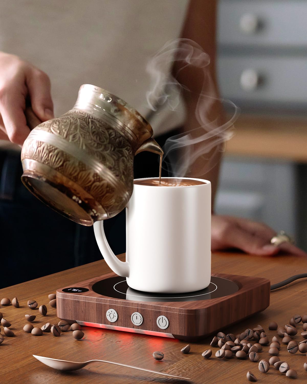 House Gem Smart Mug Warmer 36W Coffee Cup Heater with Temperature Display Timer Auto Shut Off Wood
