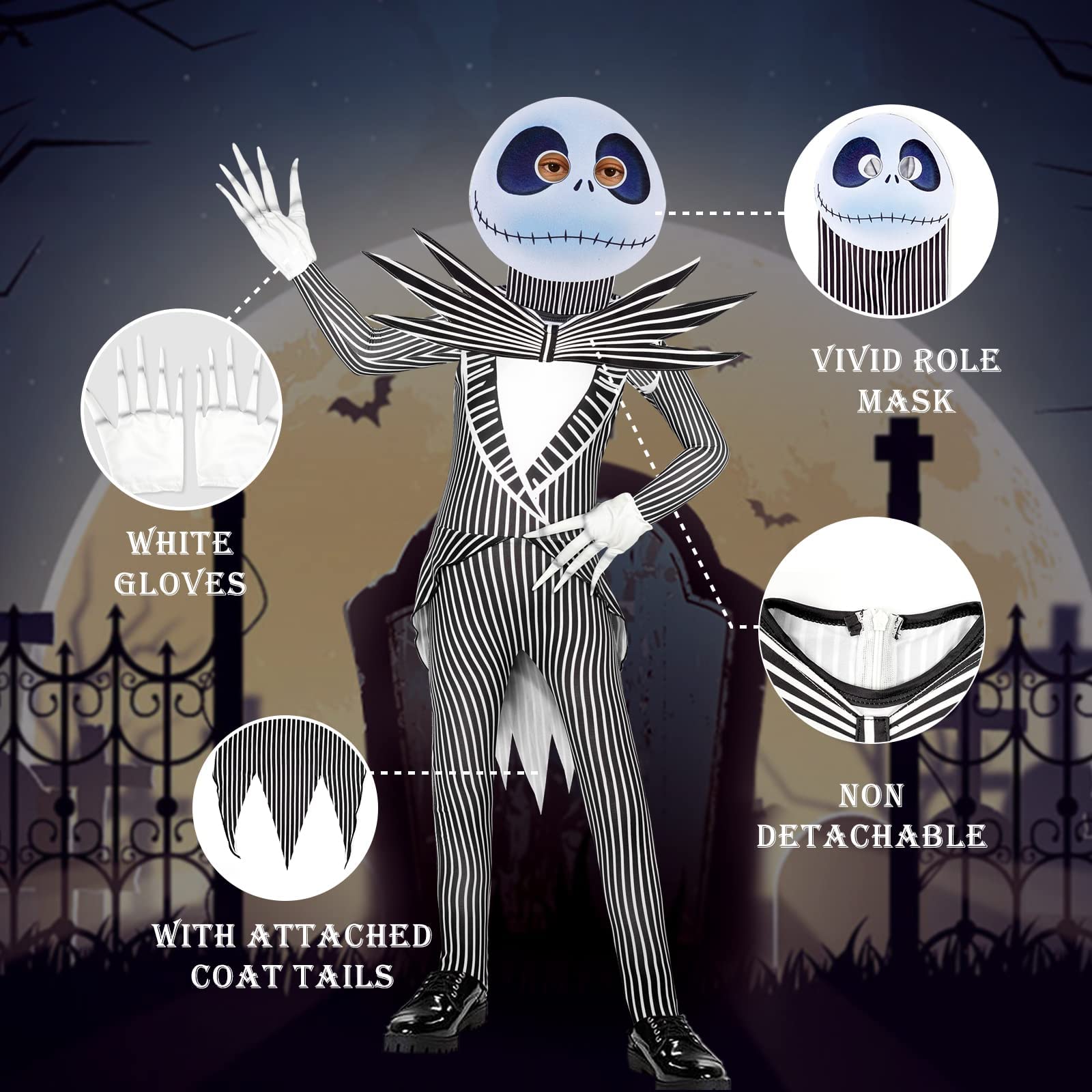 Jack Skellington Cosplay Costume Set for Adults – Full Halloween Outfit with Mask, Gloves & Bow Tie (Multicolor2)