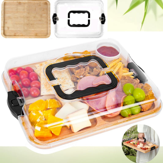 Charcuterie Board with Clear Lid – Portable Bamboo Serving Tray, 6 Compartments, Travel-Friendly