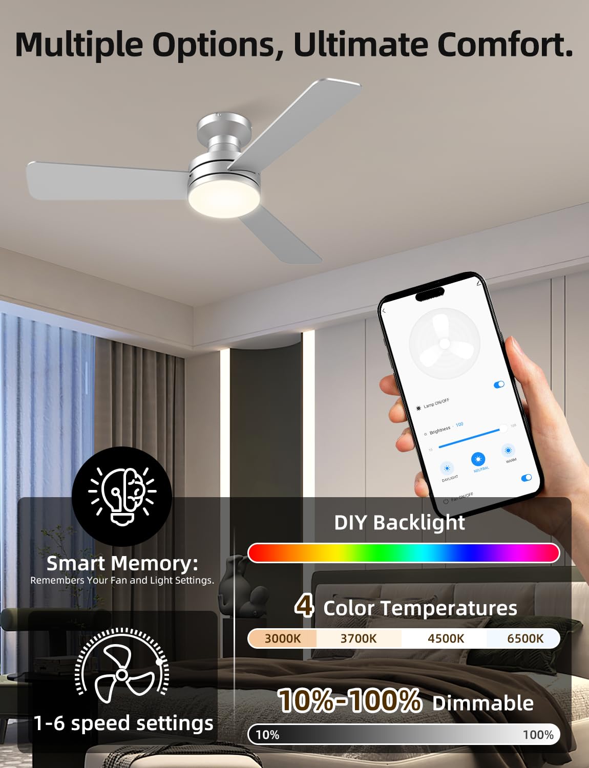 Homlit 42” Smart RGB Ceiling Fan with Music Sync, Alexa Control & Whisper-Quiet DC Motor – Silver