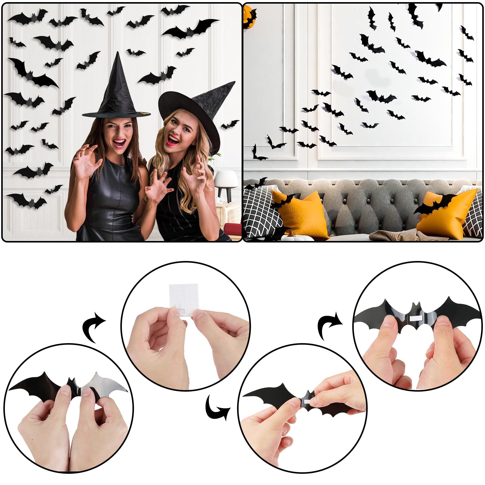 Halloween Lace Decoration Set – 5 Piece Black Gothic Décor Kit with Mantel Scarf, Table Runner, Lampshade, Round Cover & 3D Bat Wall Stickers