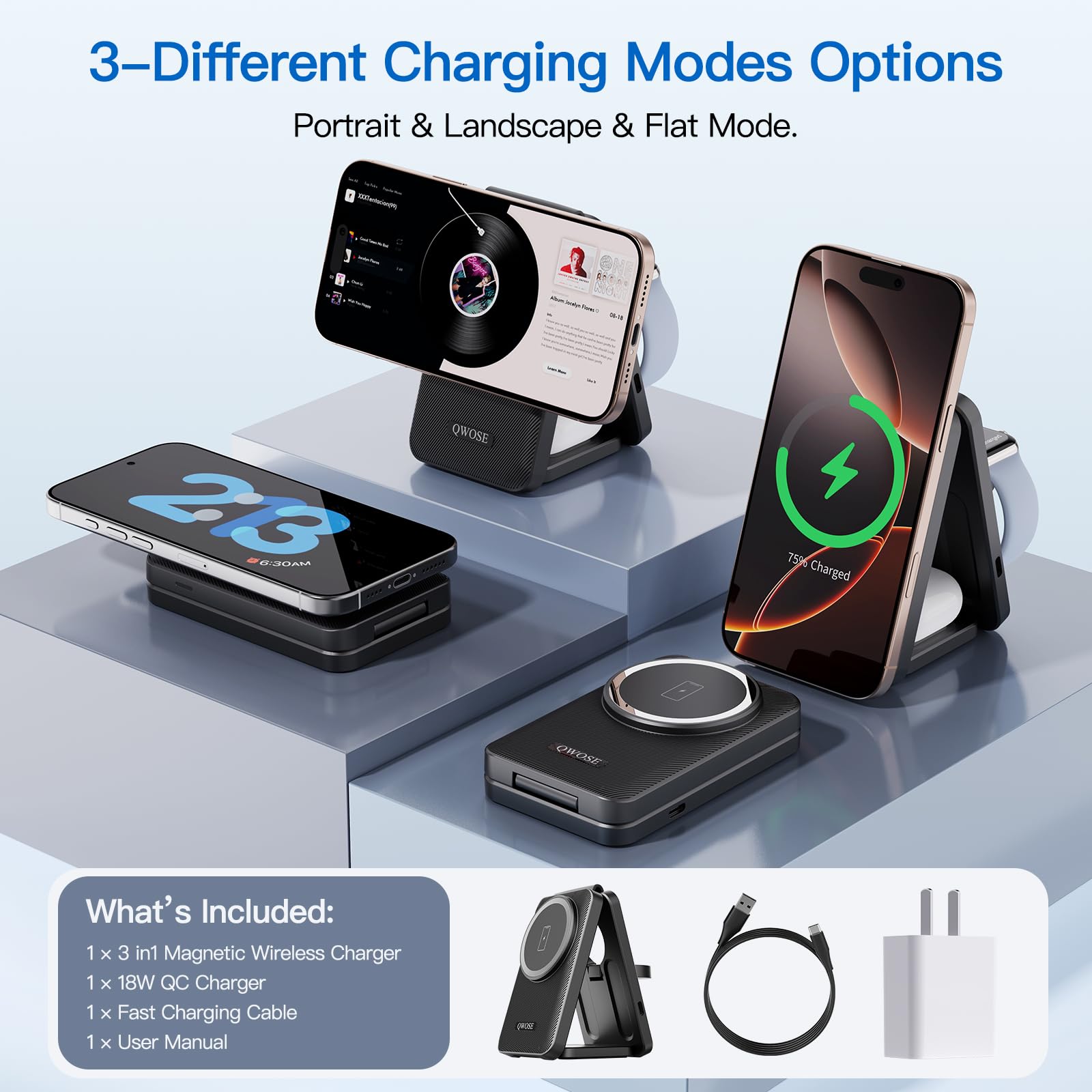 Foldable 3-in-1 Magnetic Wireless Charging Station for iPhone, Apple Watch & AirPods – Portable Fast Charging Stand with 18W Adapter