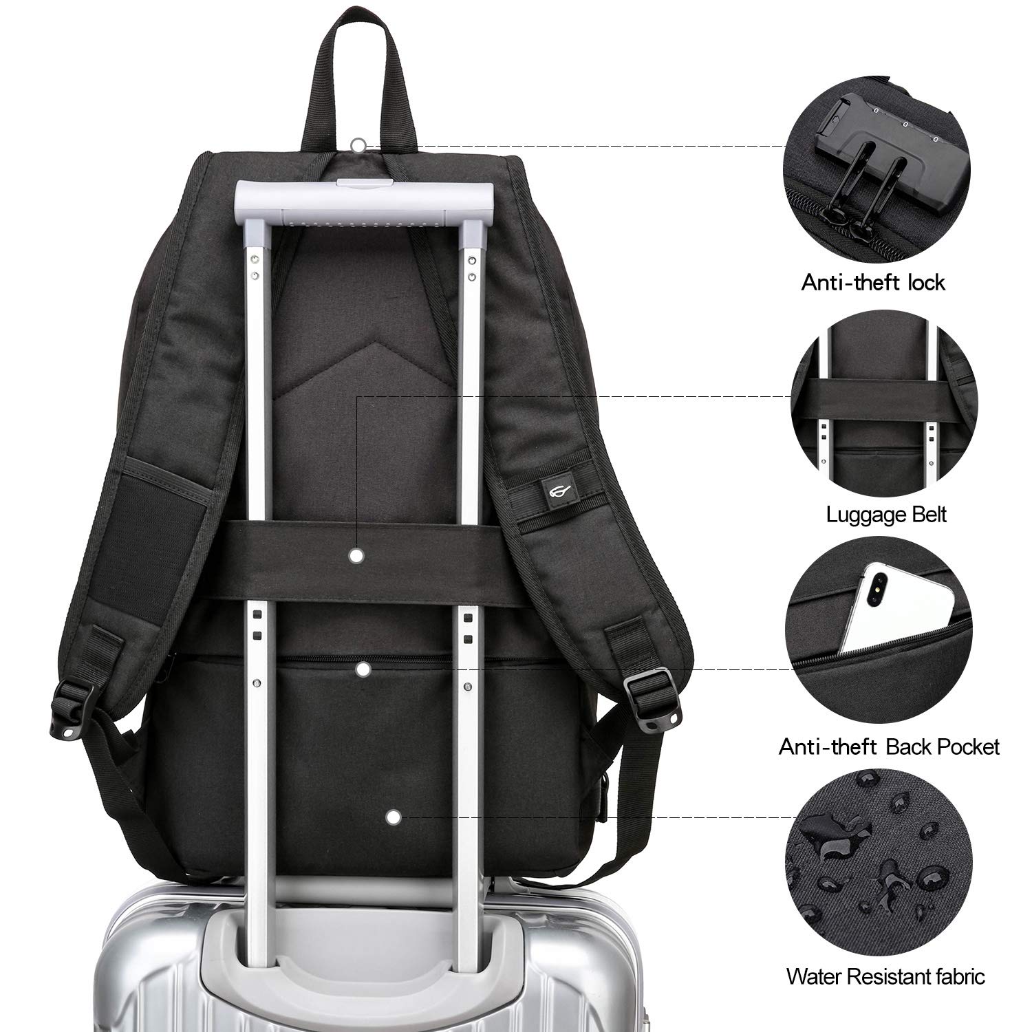 WENIG Anti-Theft Travel Laptop Backpack with USB Charging Port & Lock – 15.6 Inch, Black