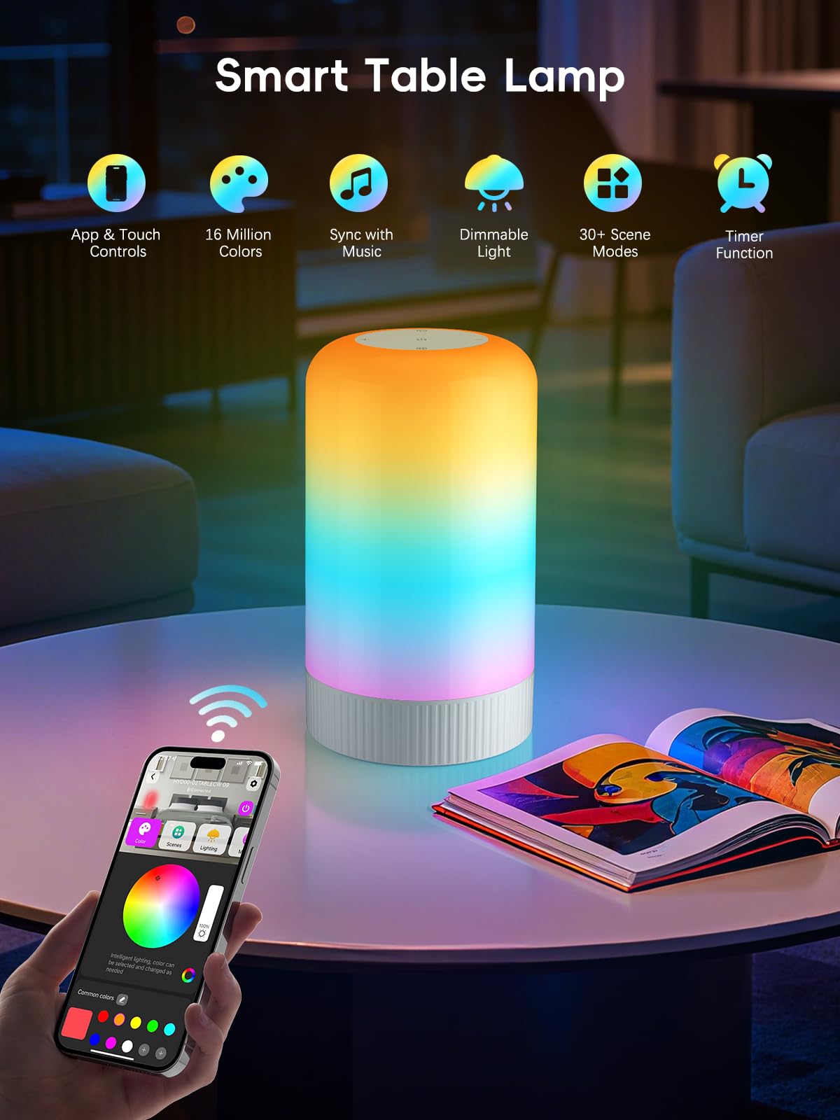 RGBICWW Smart Touch Table Lamp – 16M Colors, 500LM Dimmable Light with Music Sync & App Control
