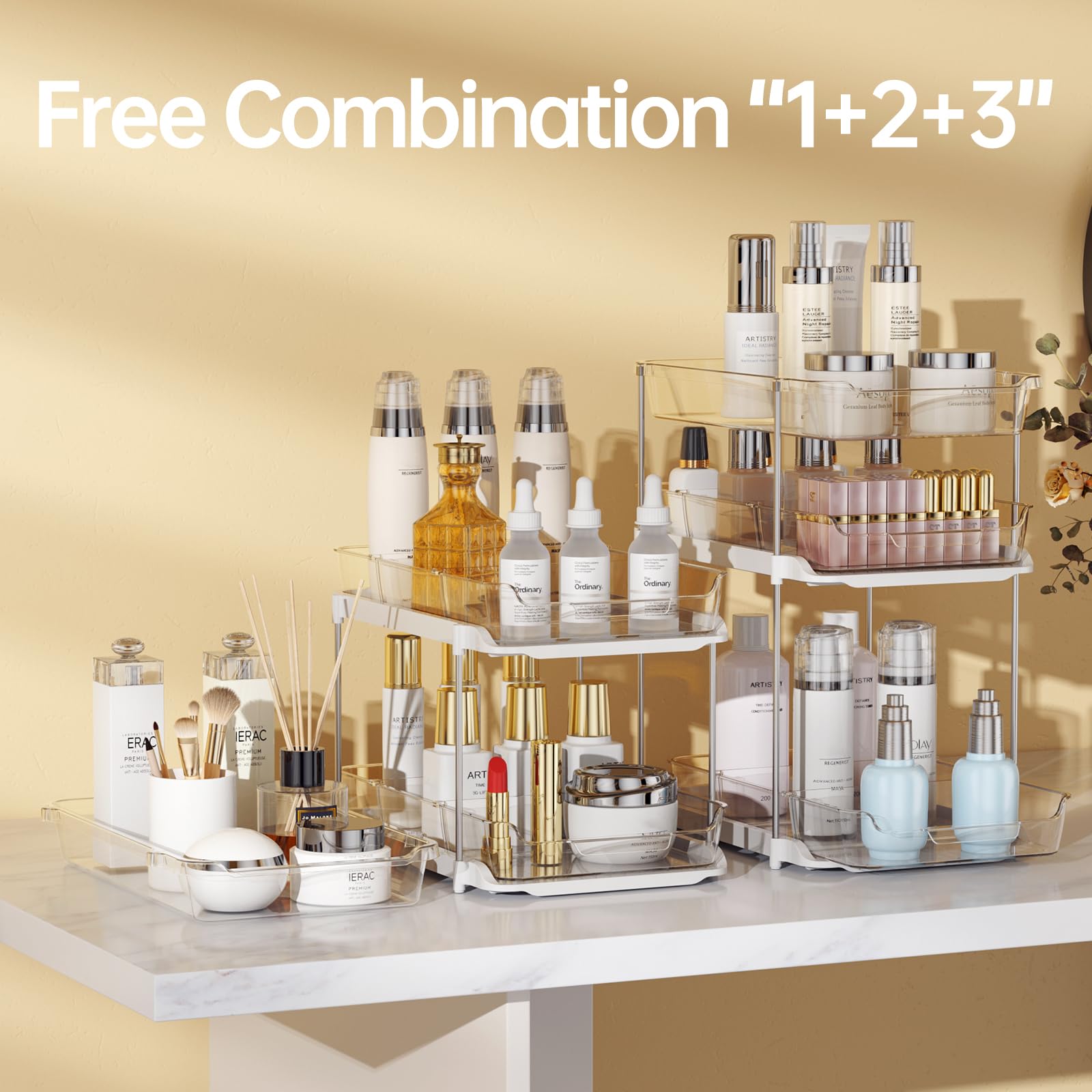 Delamu Modular 3-Tier Pull-Out Under Sink Organizer Set – Stackable Clear Storage System for Kitchen & Bathroom (White)