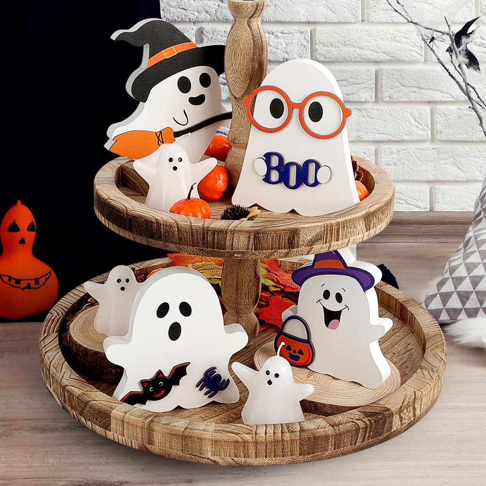 Halloween Wooden Ghost Decorations – 4 Pack Freestanding Colorful Tabletop Décor for Home, Coffee Bar & Fireplace Mantle