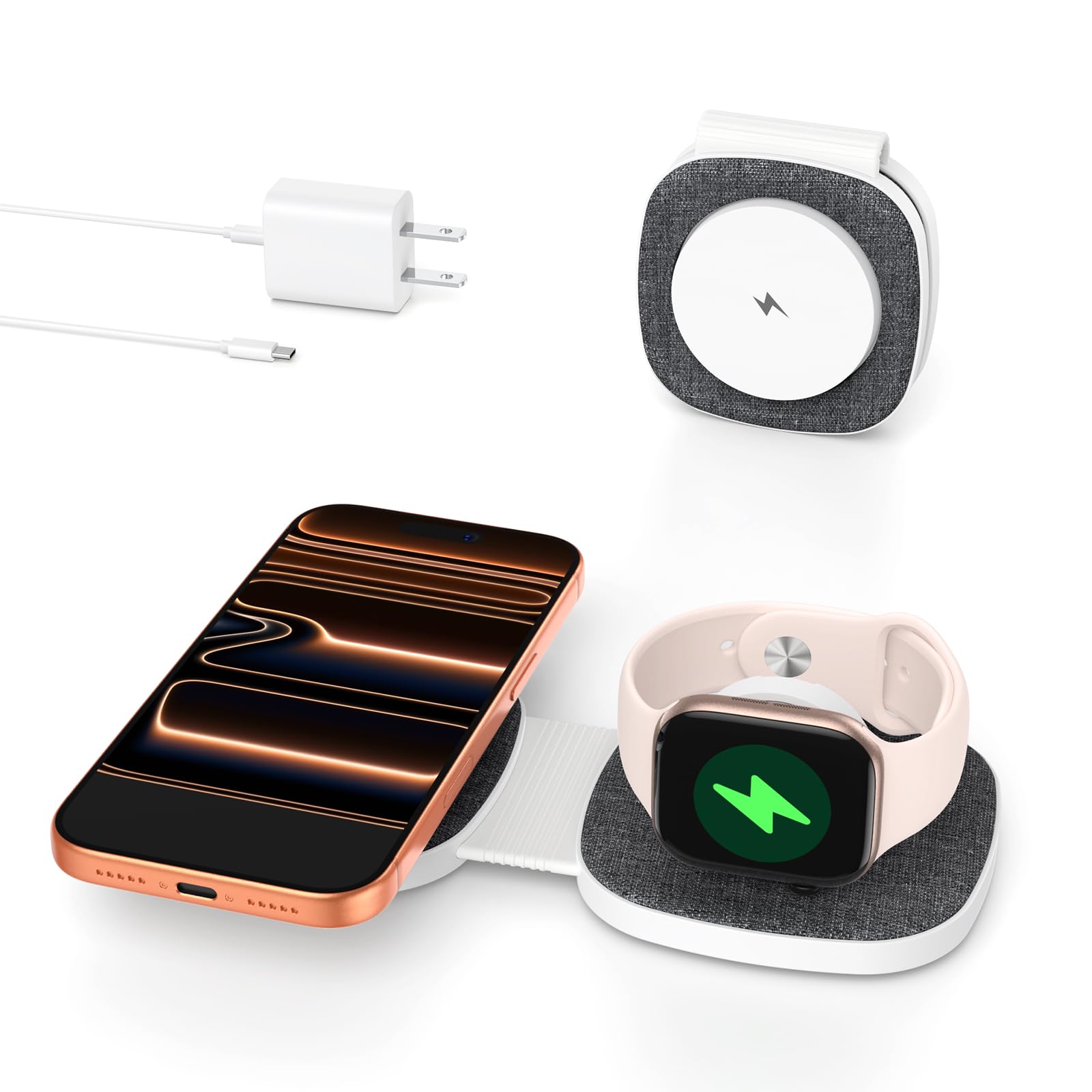 2-in-1 Magnetic Foldable Wireless Charger for iPhone & Apple Watch – Portable MagSafe Charging Stand with Fast Charging Adapter
