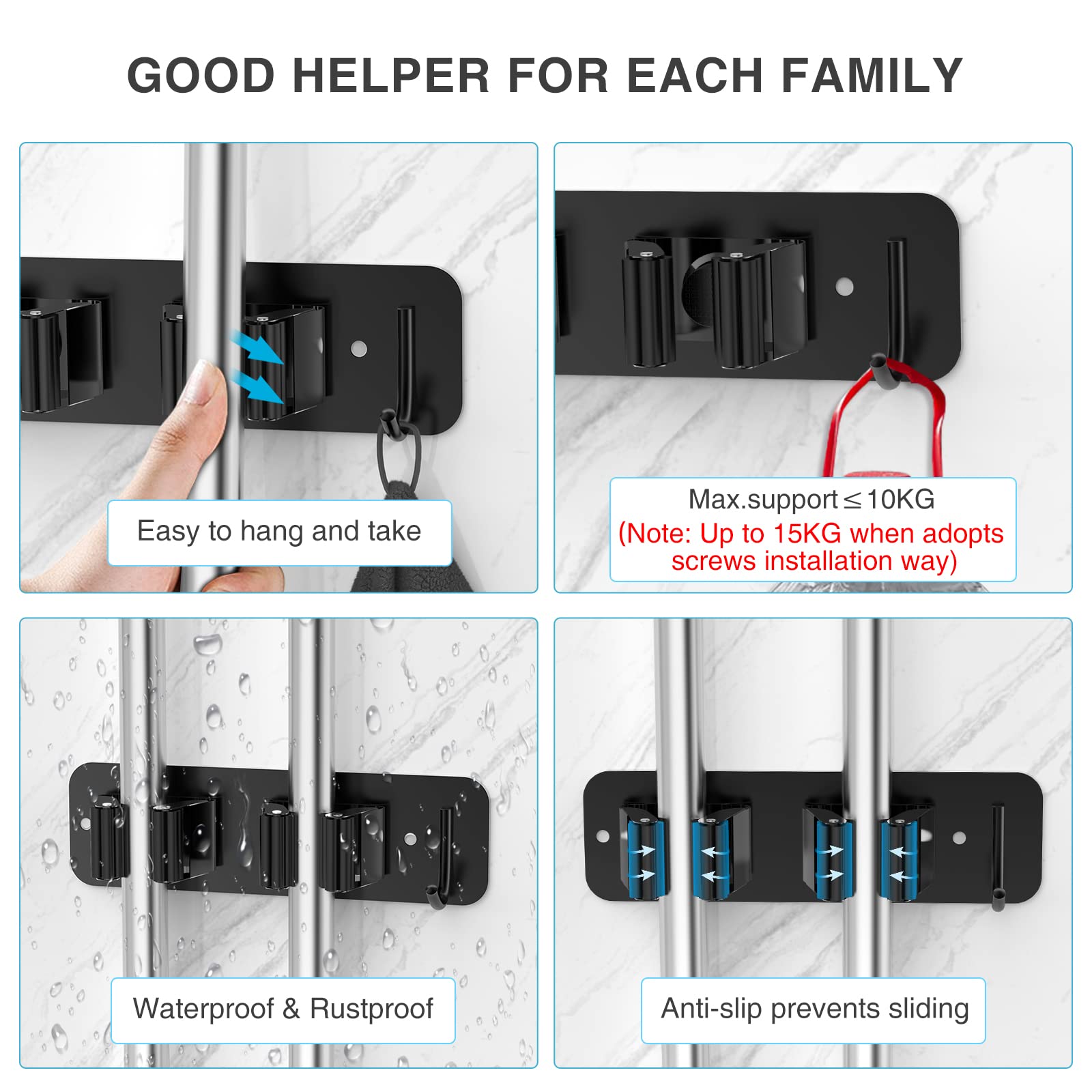 HOMEASY Wall-Mount Mop & Broom Holder – Heavy-Duty Stainless Steel Organizer with Hooks (Black, 2 Pack)