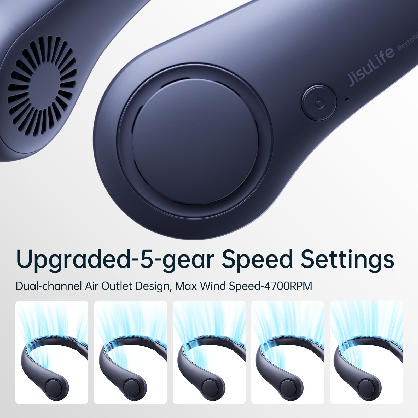 JISULIFE Wearable Bladeless Neck Fan – Hands-Free Cooling with 5 Speeds & Long Battery (Dark Blue)