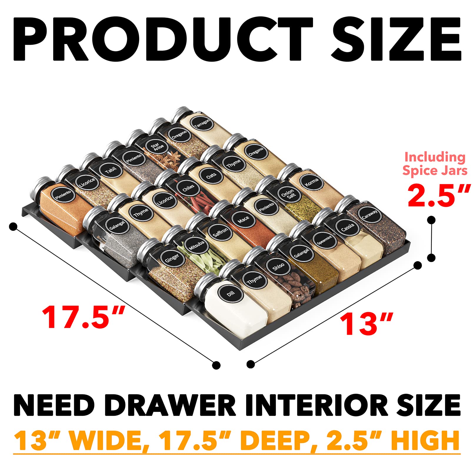 4-Tier Drawer Spice Organizer Set with 28 Glass Jars & 386 Labels – Metal In-Drawer Spice Rack System