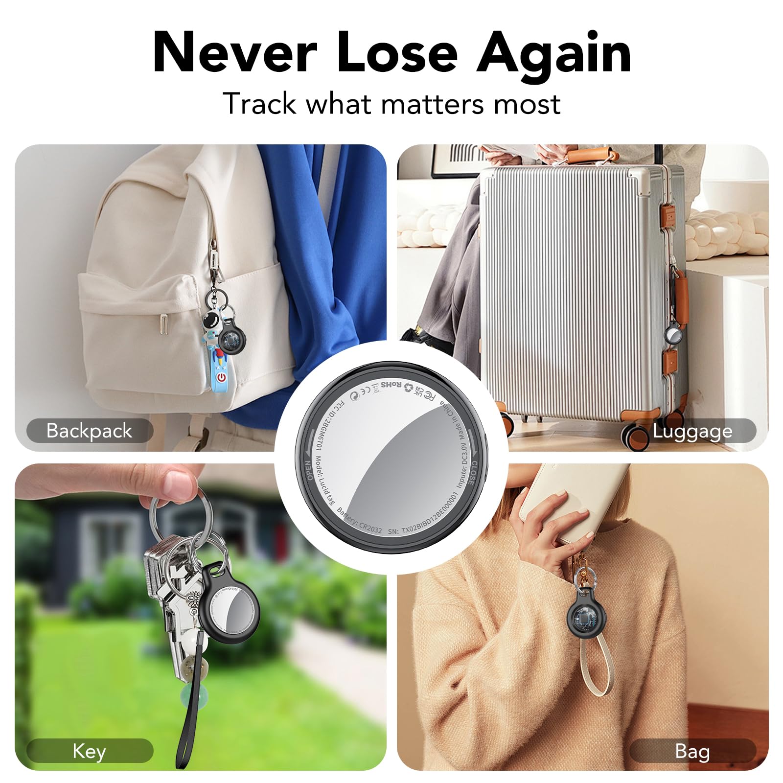 Tukio Bluetooth Tracker Tag 4 Pack, Apple Find My Compatible Item Locator, IP67 Waterproof Smart Key Finder with Loud Alert and Replaceable Battery