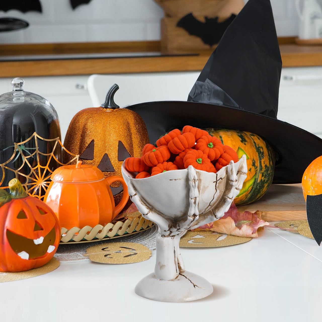 Skeleton Hand Halloween Candy Bowl – Skull Treat & Snack Holder Decoration (White)