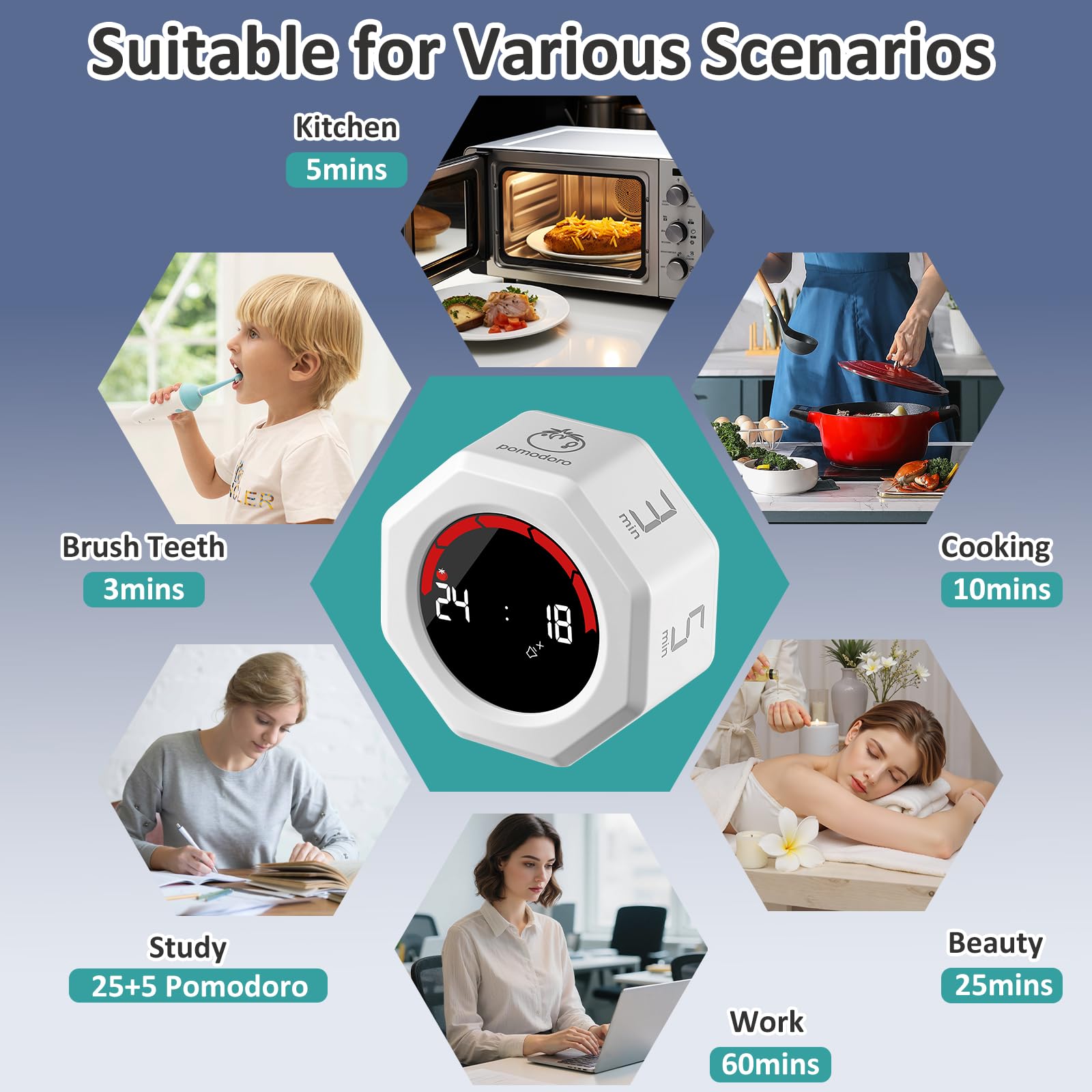 Rechargeable Pomodoro Timer with Magnetic Back, Flip Control & Auto-Rotating Screen, Preset 3/5/10/25/30/60 Min, Custom Countdown & Clock for Study, Office & Kitchen – White