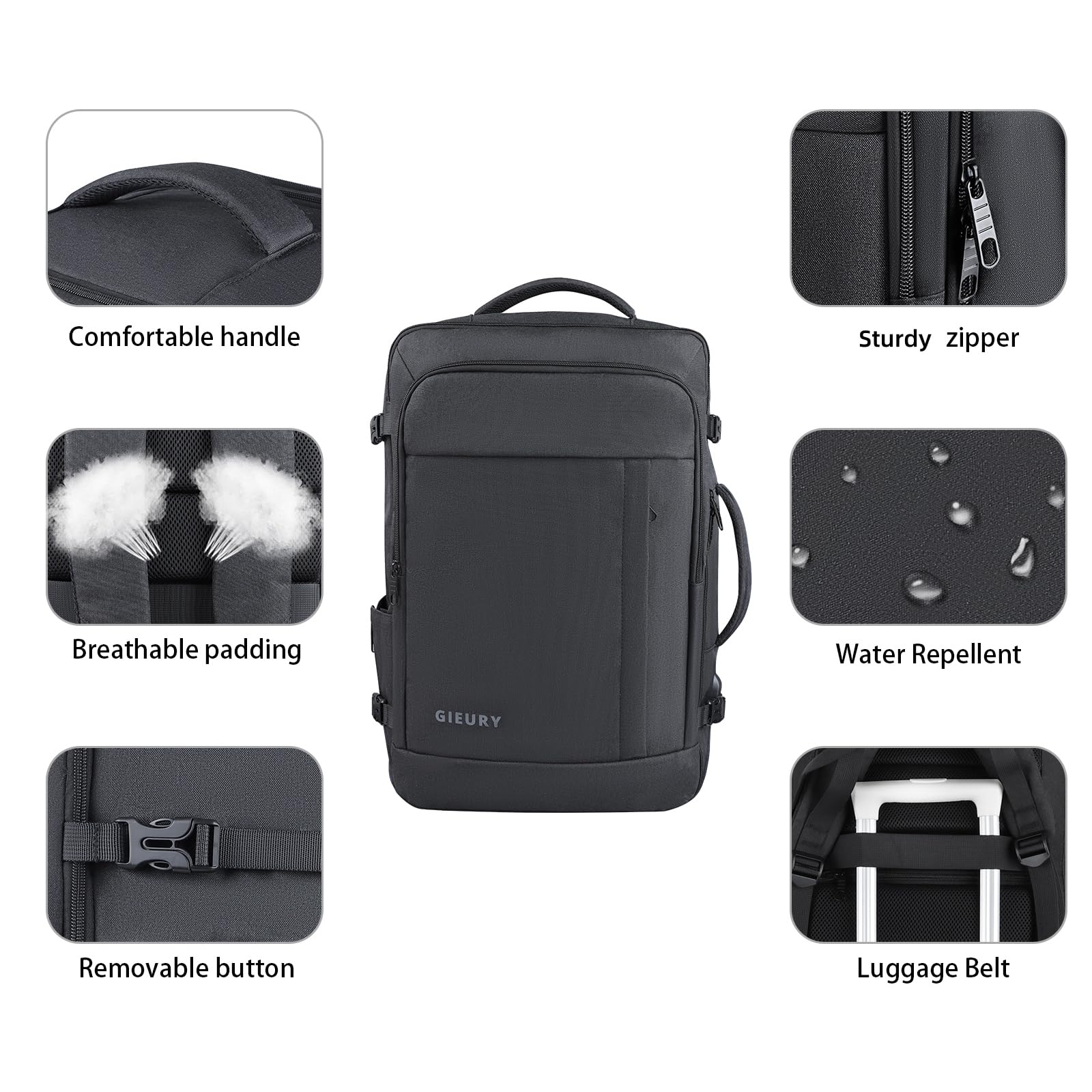 GIEURY 50L Expandable Carry On Travel Backpack with TSA 180° Opening and Shoe Compartment – Black