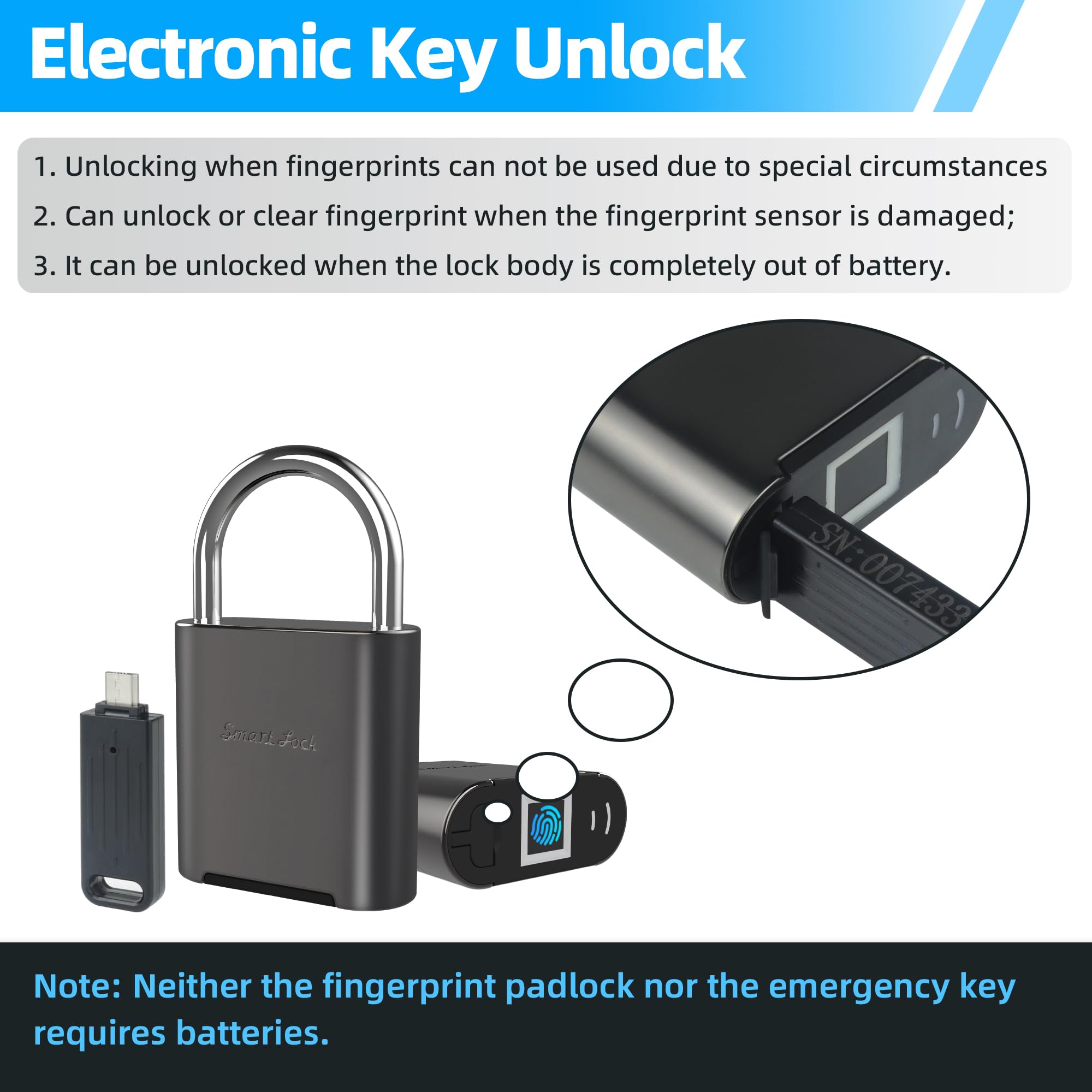 Waterproof Fingerprint Padlock with USB Rechargeable Battery, Biometric Smart Lock for Gym Locker, Gate, Bike & Outdoor Security