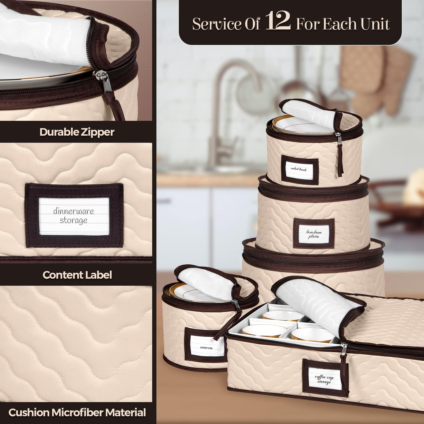 Quilted China Storage Container Set – 5-Piece Dinnerware & Glassware Protection Organizer (12 Place Settings)
