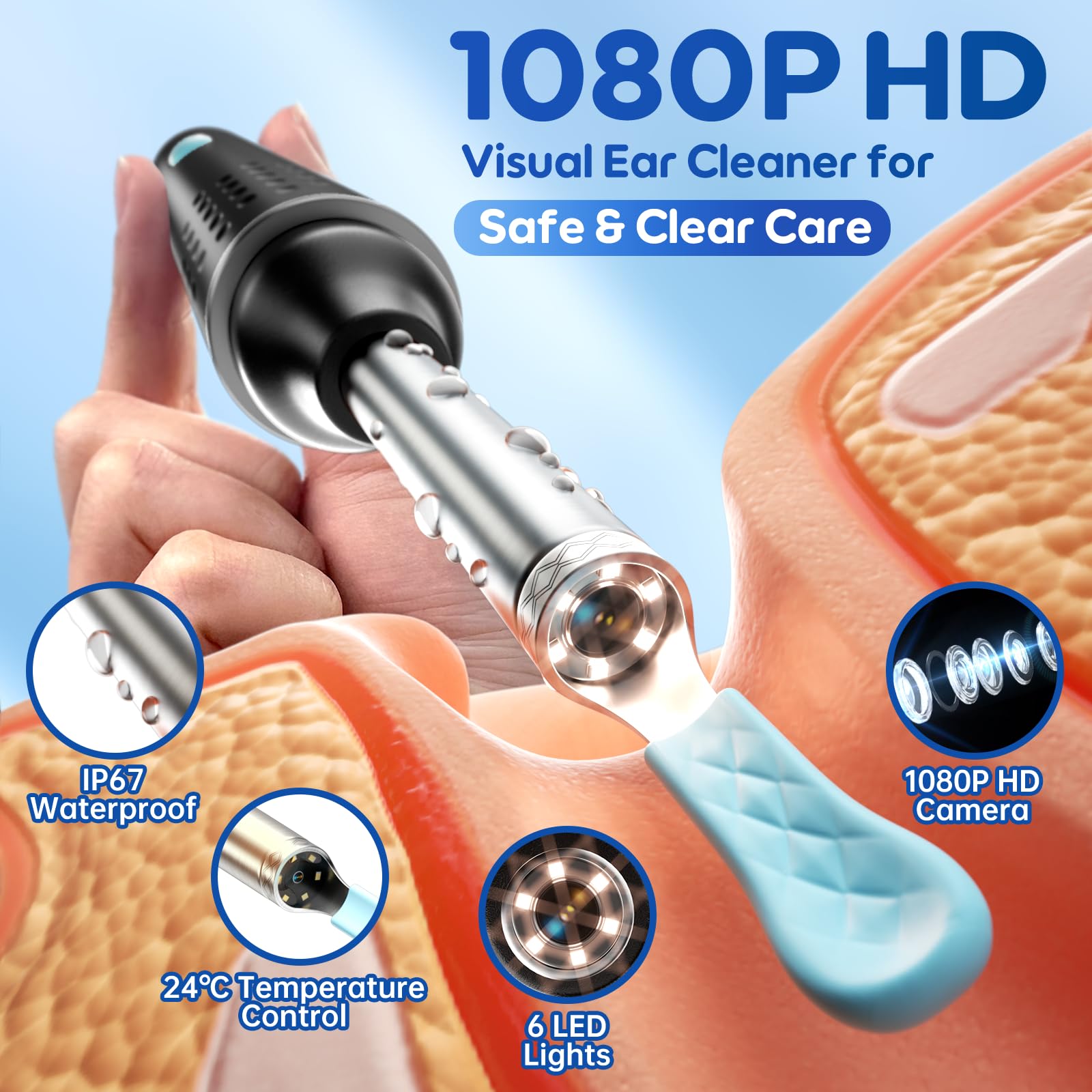 Wireless Ear Wax Removal Tool with 1080P HD Camera & App Control – Smart Ear Cleaner Kit with LED Lights and Rechargeable Battery (Black Edition)