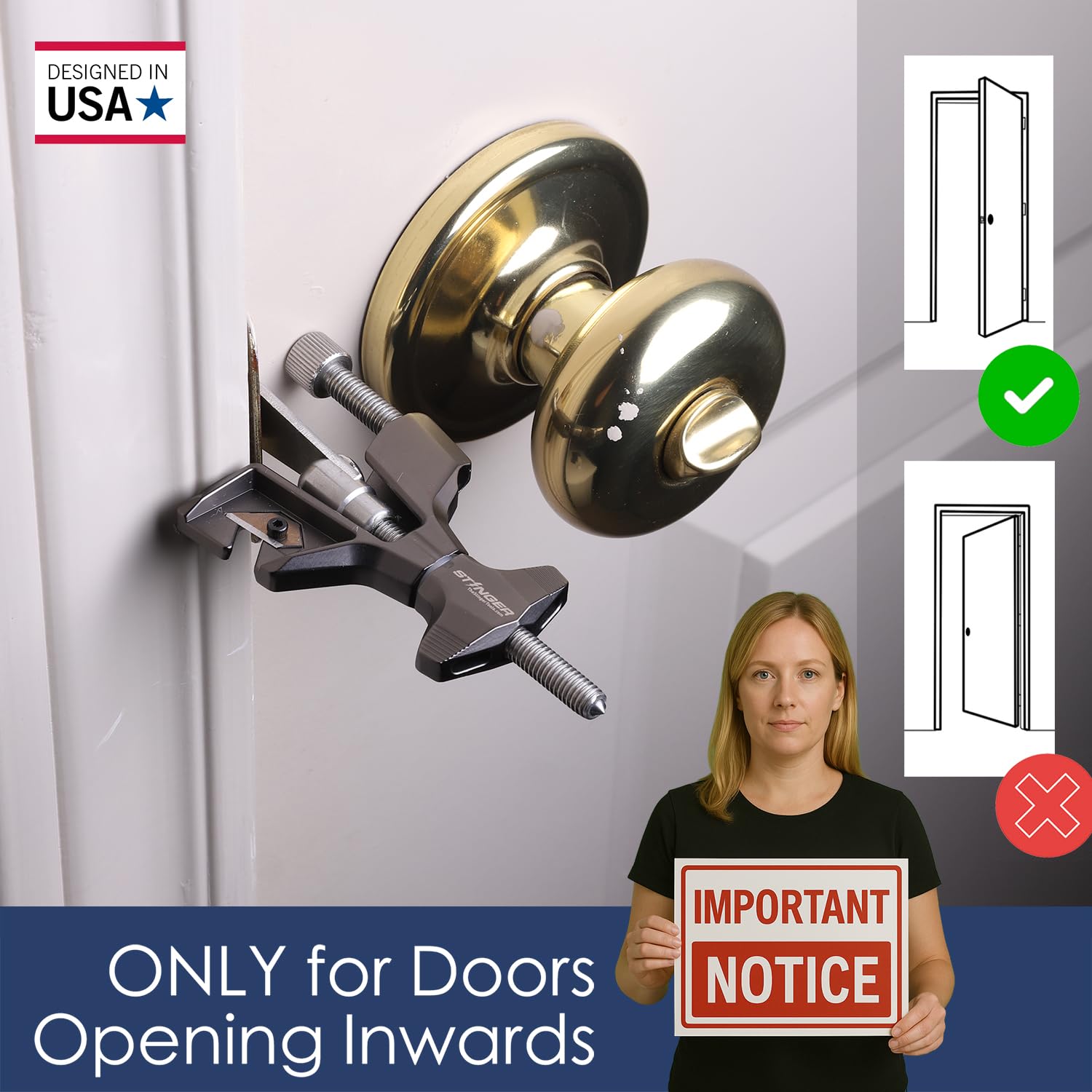STINGER Metal Portable Door Lock – Heavy-Duty Travel Security with Glass Breaker & Seatbelt Cutter (Gray)