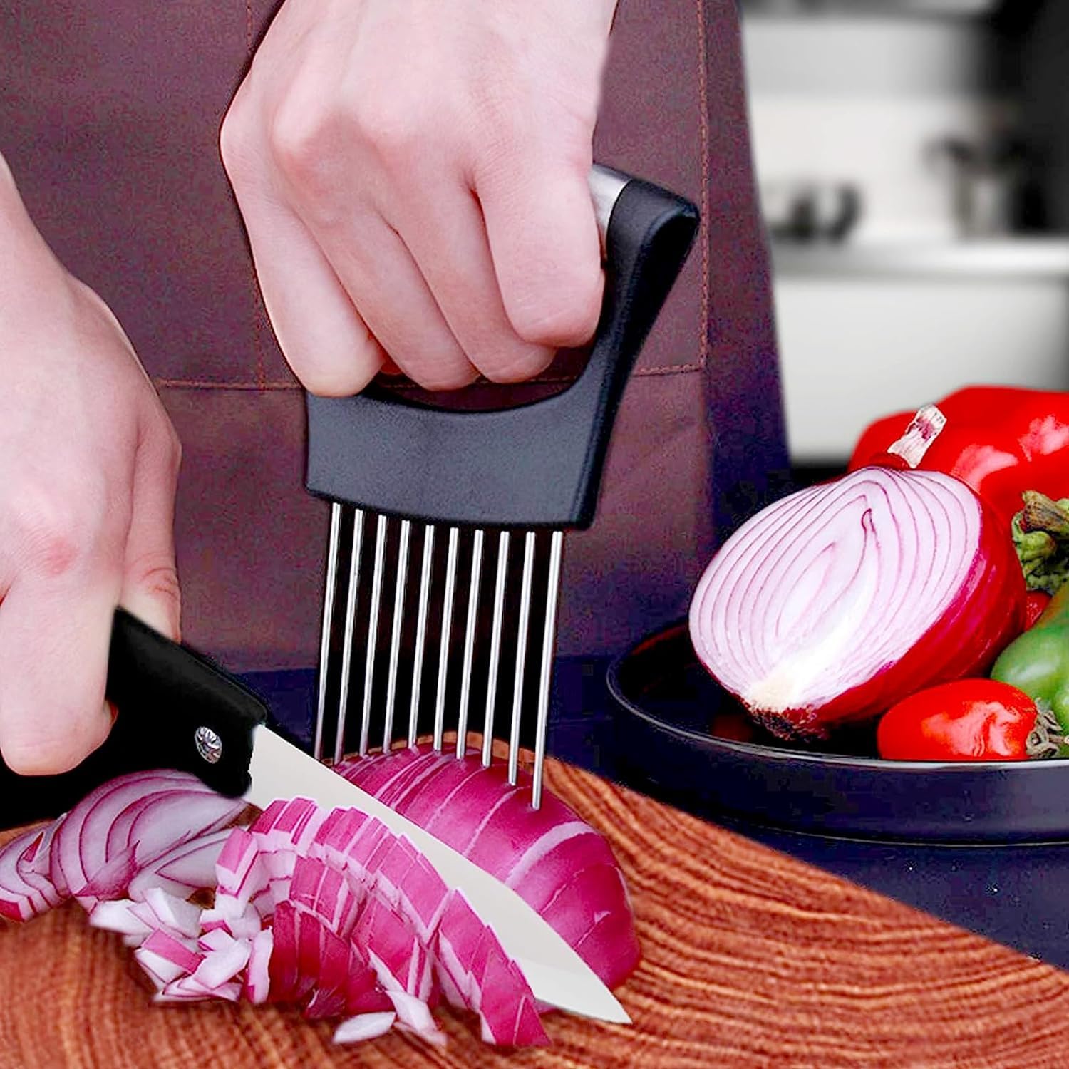 Ergonomic Stainless Steel Onion & Vegetable Holder Slicing Cutter Tool