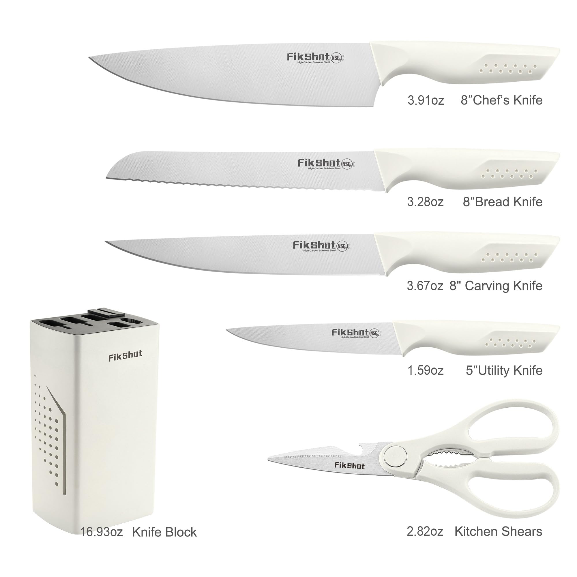 6-Piece Stainless Steel Knife Block Set with Built-In Sharpener – NSF Certified (White)