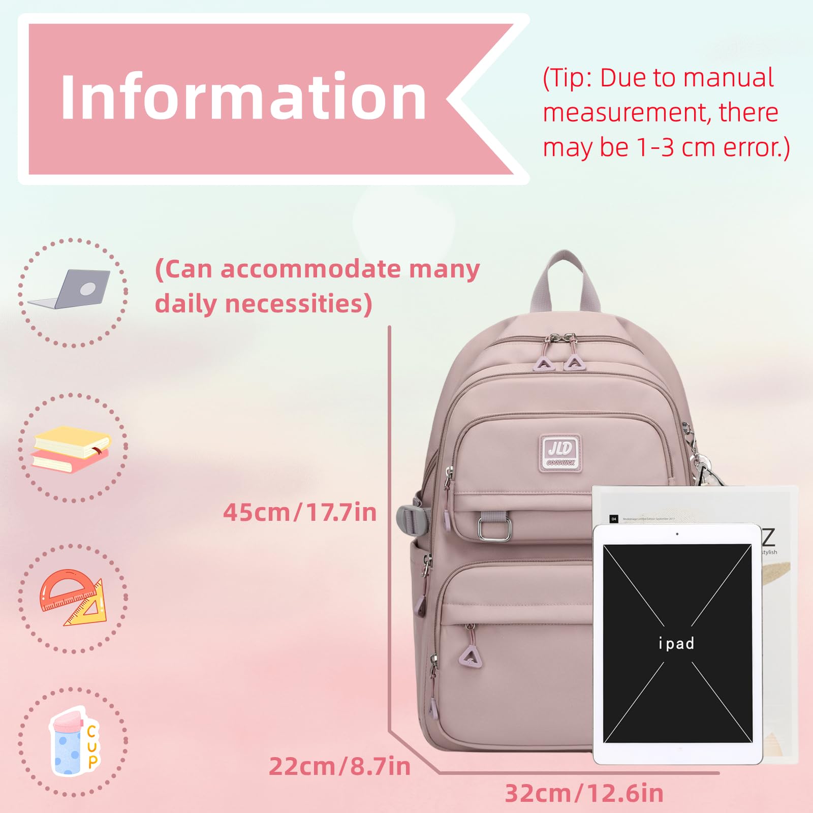 ARMbQ Girls School Backpack Large Capacity with Waterproof Nylon Fabric, Lightweight Casual Bookbag for Kids
