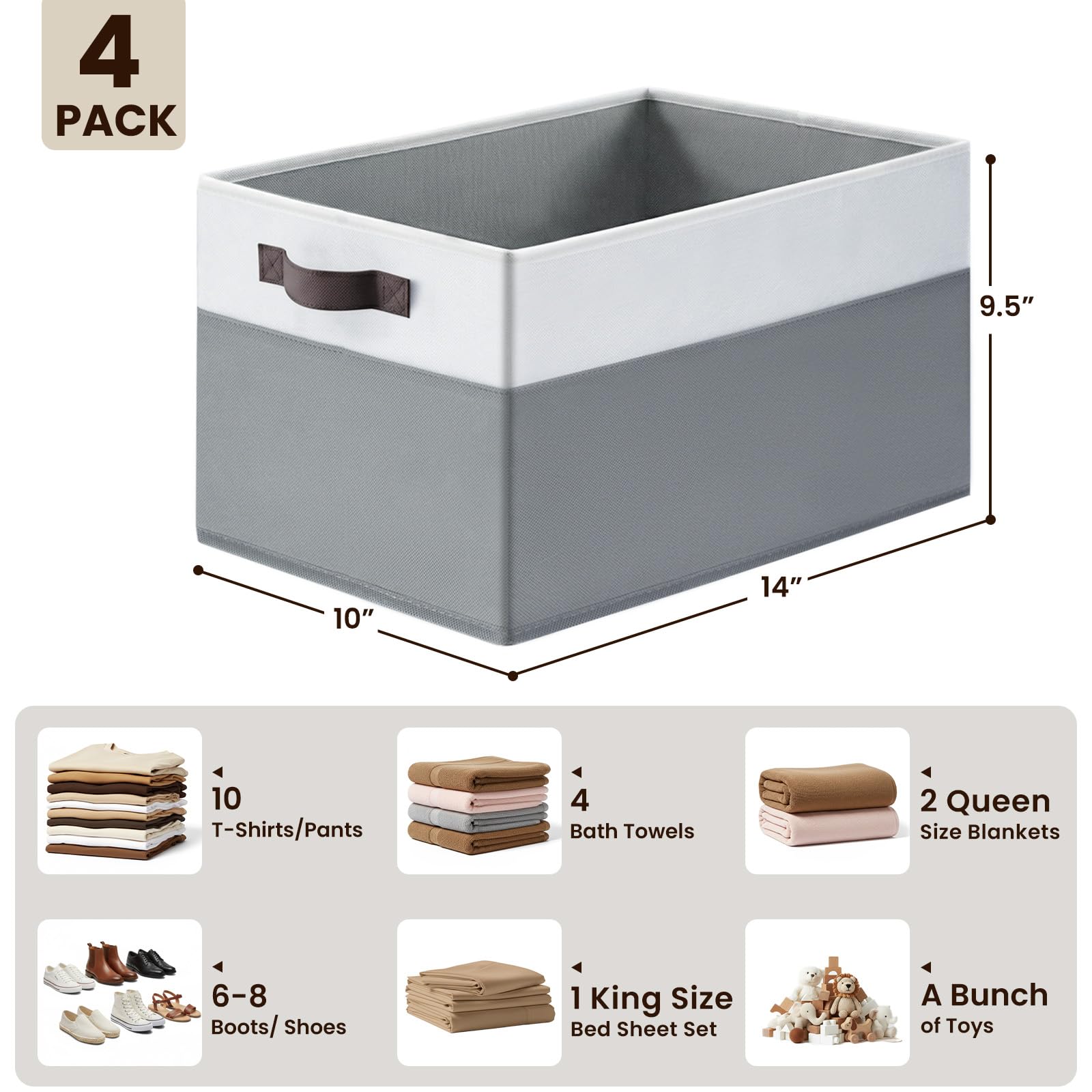 Large Fabric Closet Storage Baskets (4-Pack) – Decorative Collapsible Organizer Bins with Handles, White & Grey