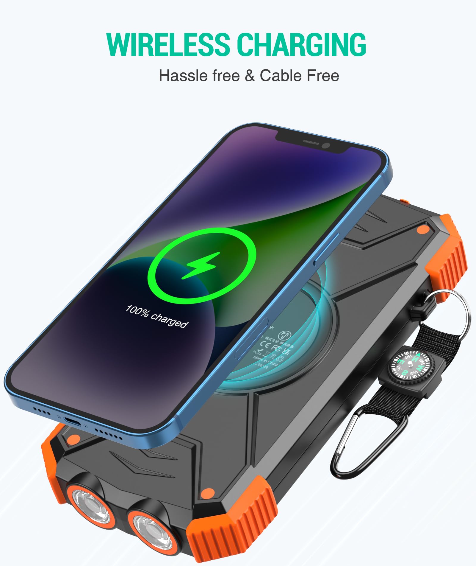 BLAVOR 10000mAh Solar Power Bank with 20W USB-C Fast Charging, Wireless Charging, Dual Flashlight & Compass – Waterproof Outdoor Portable Charger for iPhone, Samsung & Camping