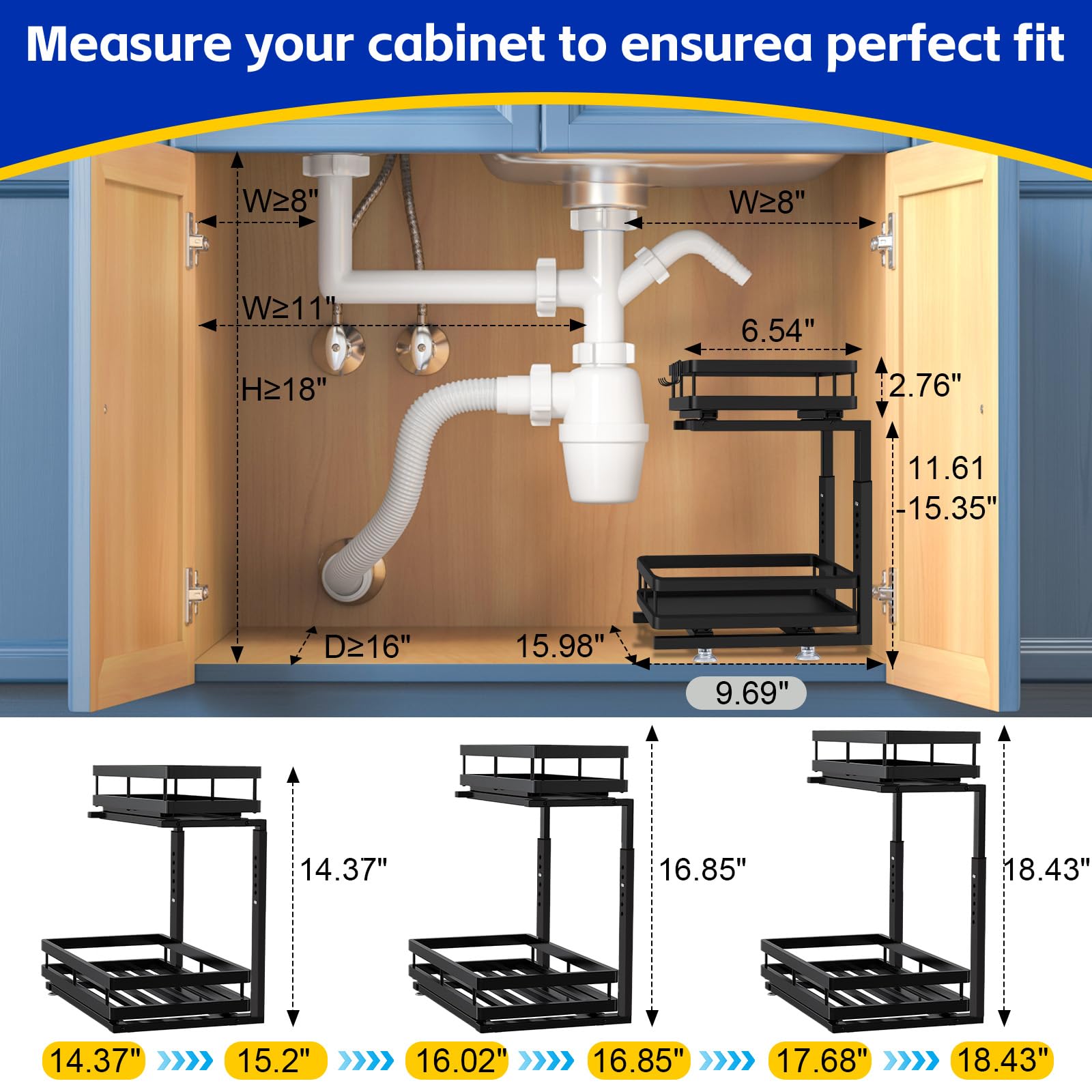 Heavy-Duty Under Sink Organizer with Dual-Rail Ball Bearings – 2-Tier Adjustable Pull-Out Storage, No-Drill Installation (Matte Black, 2-Pack)