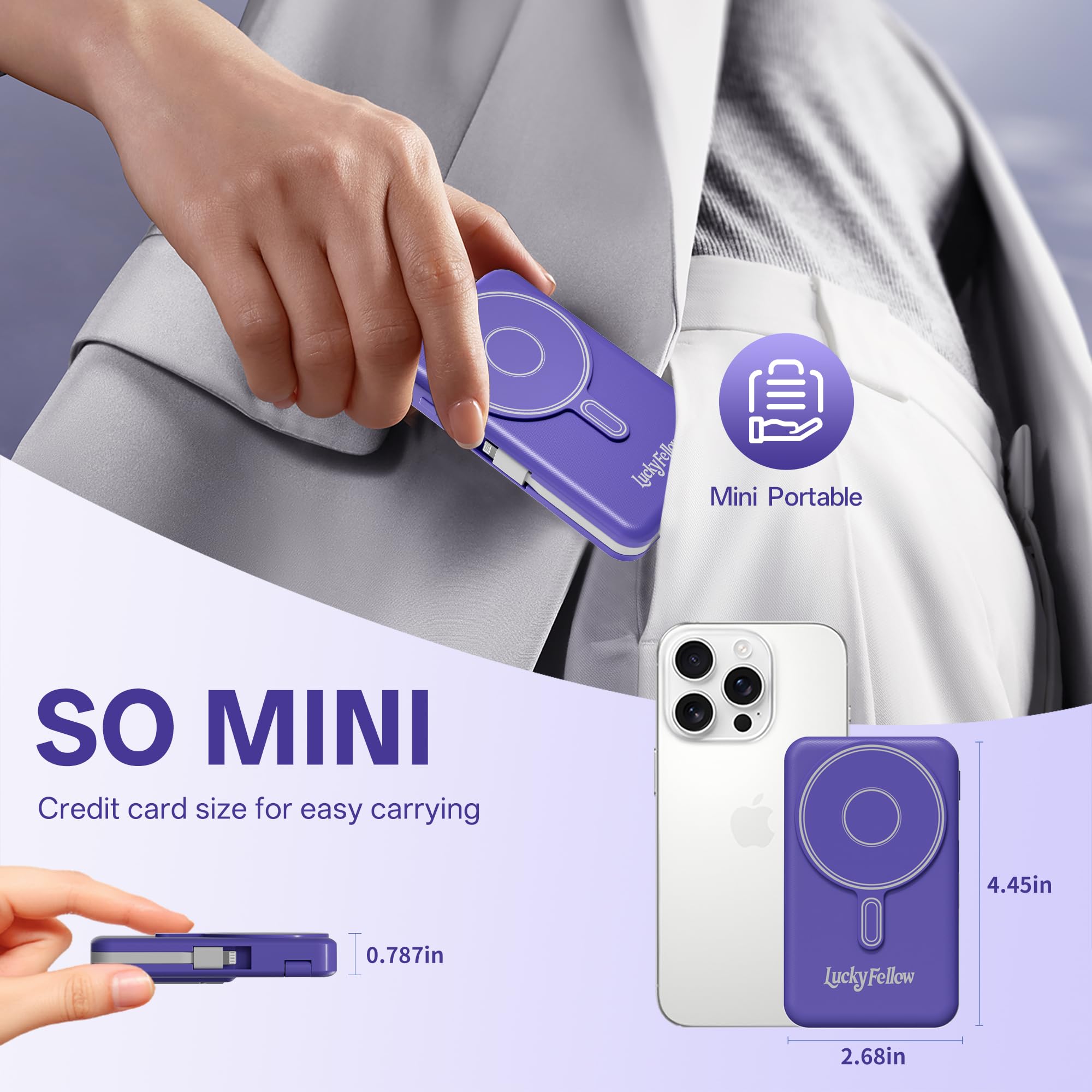 Magnetic Wireless Power Bank 10,000mAh – Slim All-in-One Charger with Built-In Cables & Stand (Dark Blue)